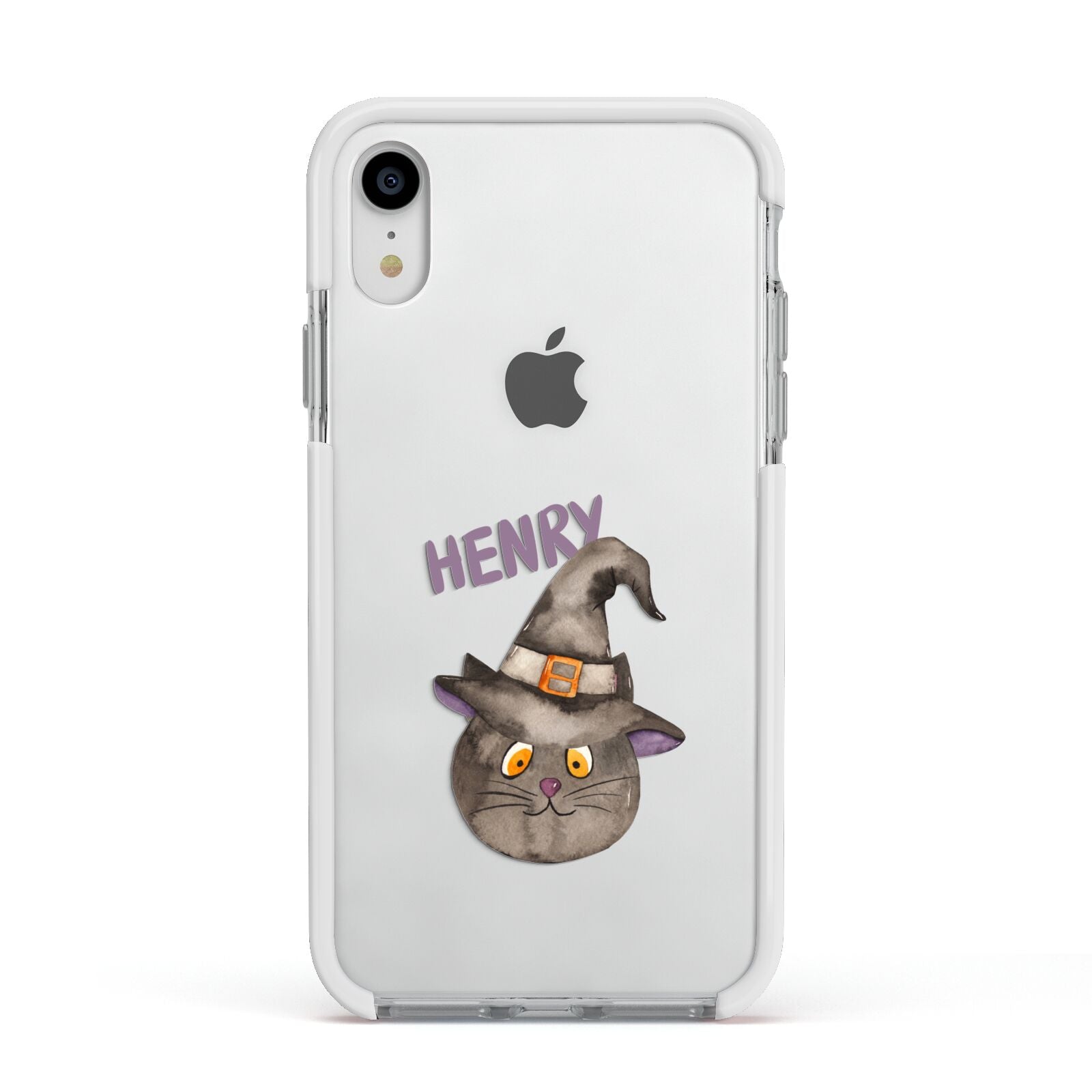 Cat in Witches Hat Custom Apple iPhone XR Impact Case White Edge on Silver Phone