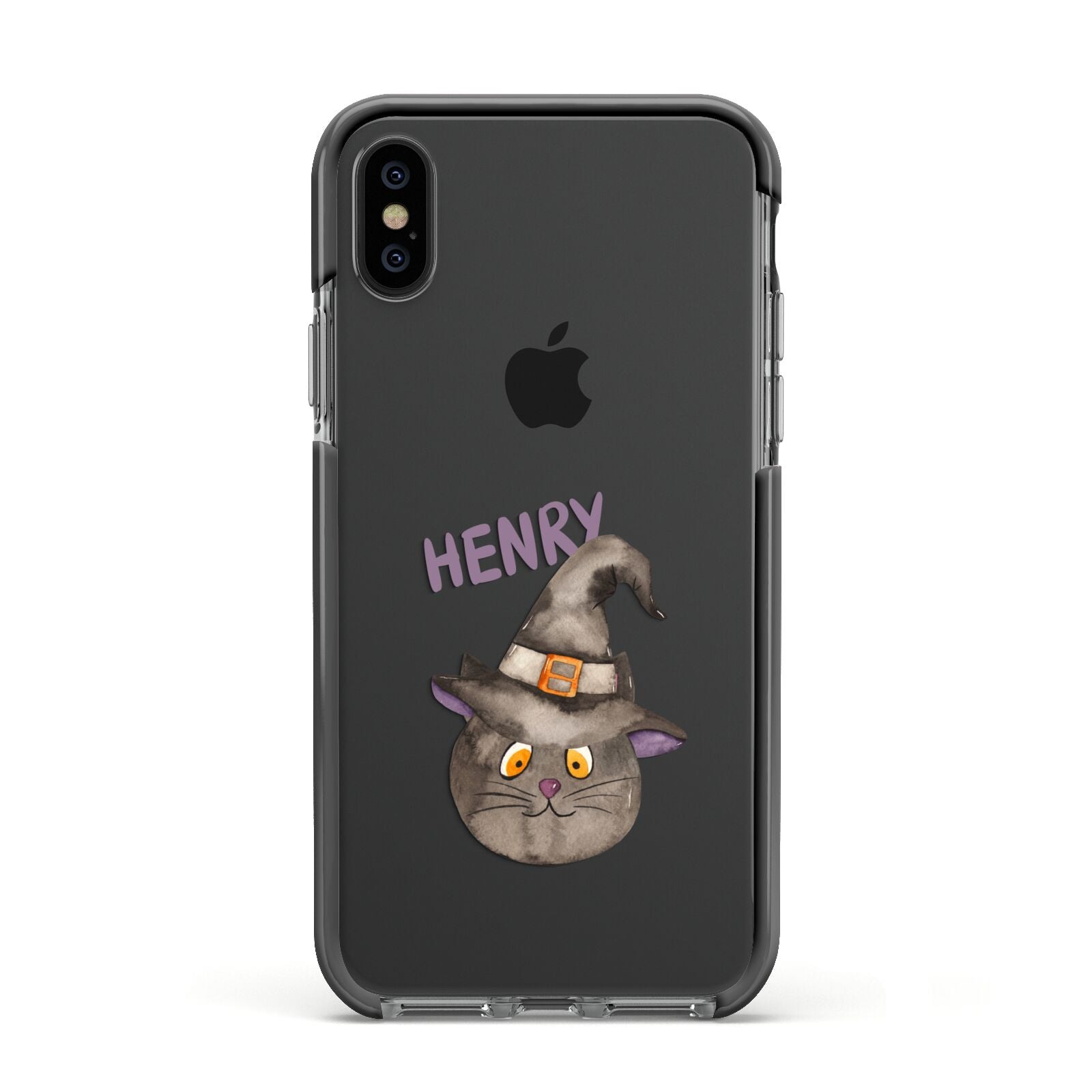 Cat in Witches Hat Custom Apple iPhone Xs Impact Case Black Edge on Black Phone