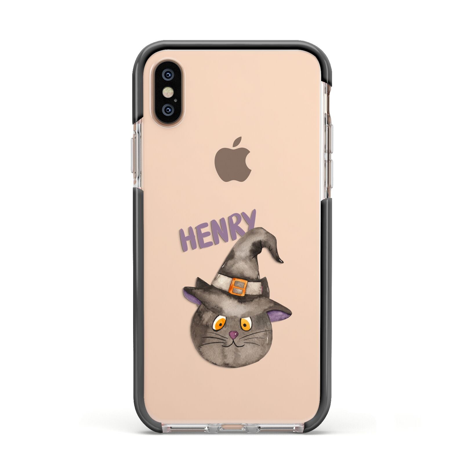 Cat in Witches Hat Custom Apple iPhone Xs Impact Case Black Edge on Gold Phone