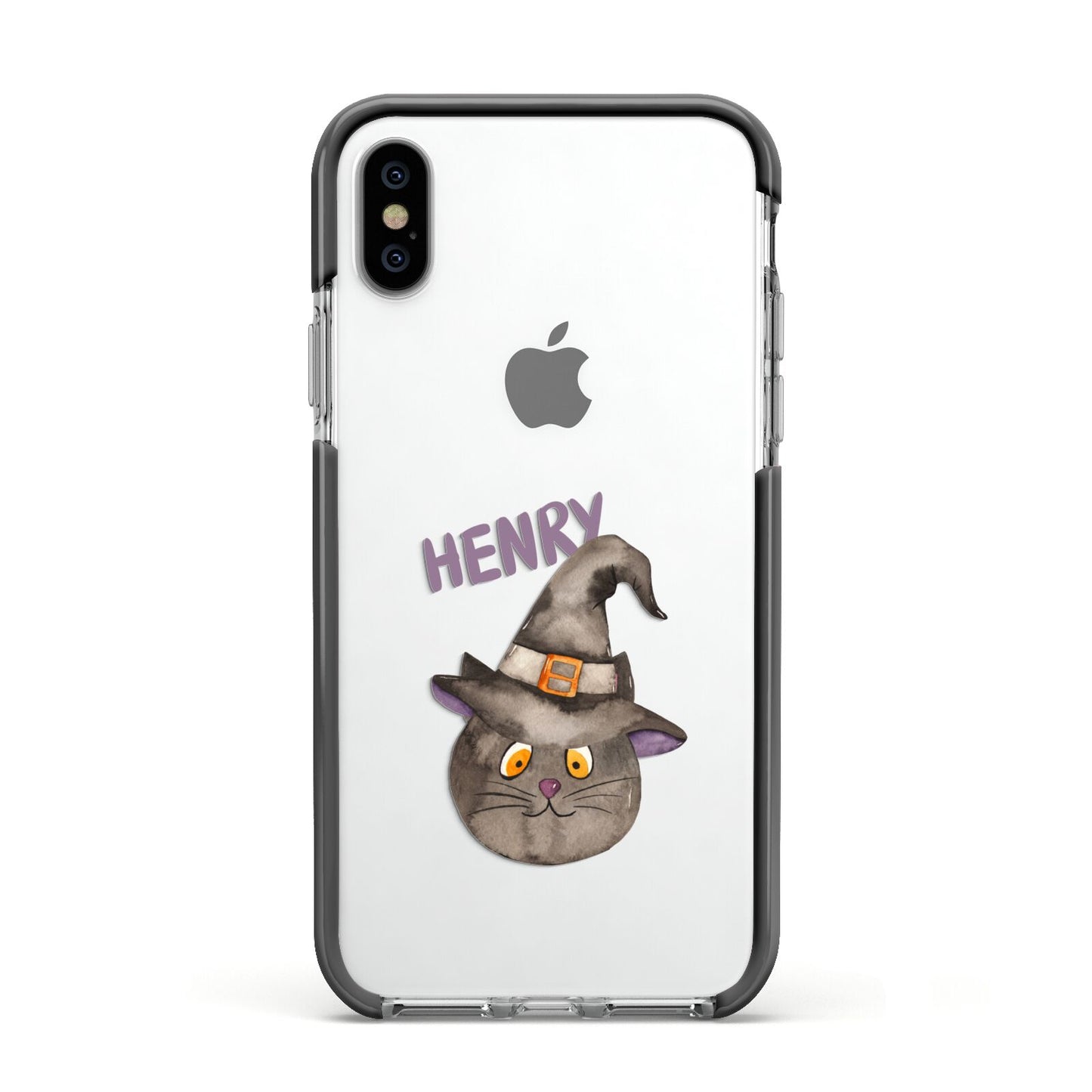 Cat in Witches Hat Custom Apple iPhone Xs Impact Case Black Edge on Silver Phone