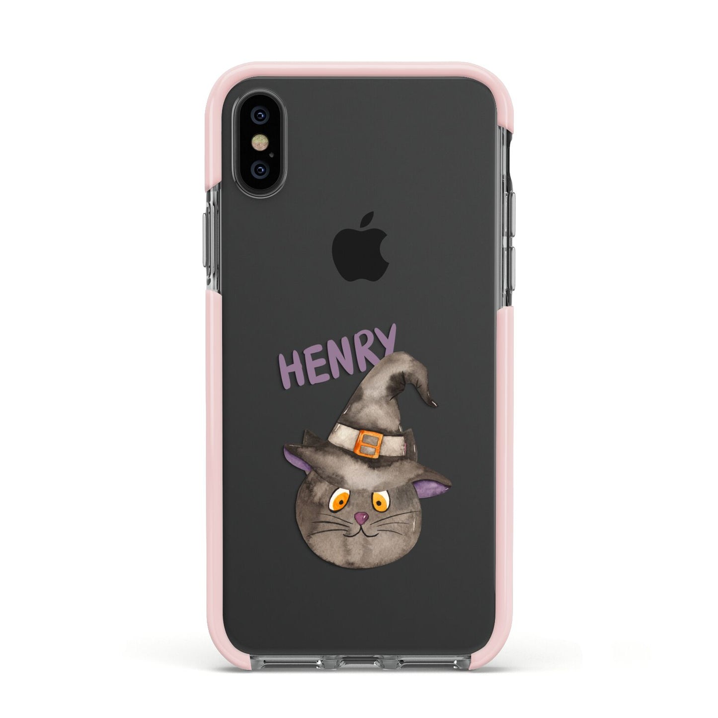 Cat in Witches Hat Custom Apple iPhone Xs Impact Case Pink Edge on Black Phone