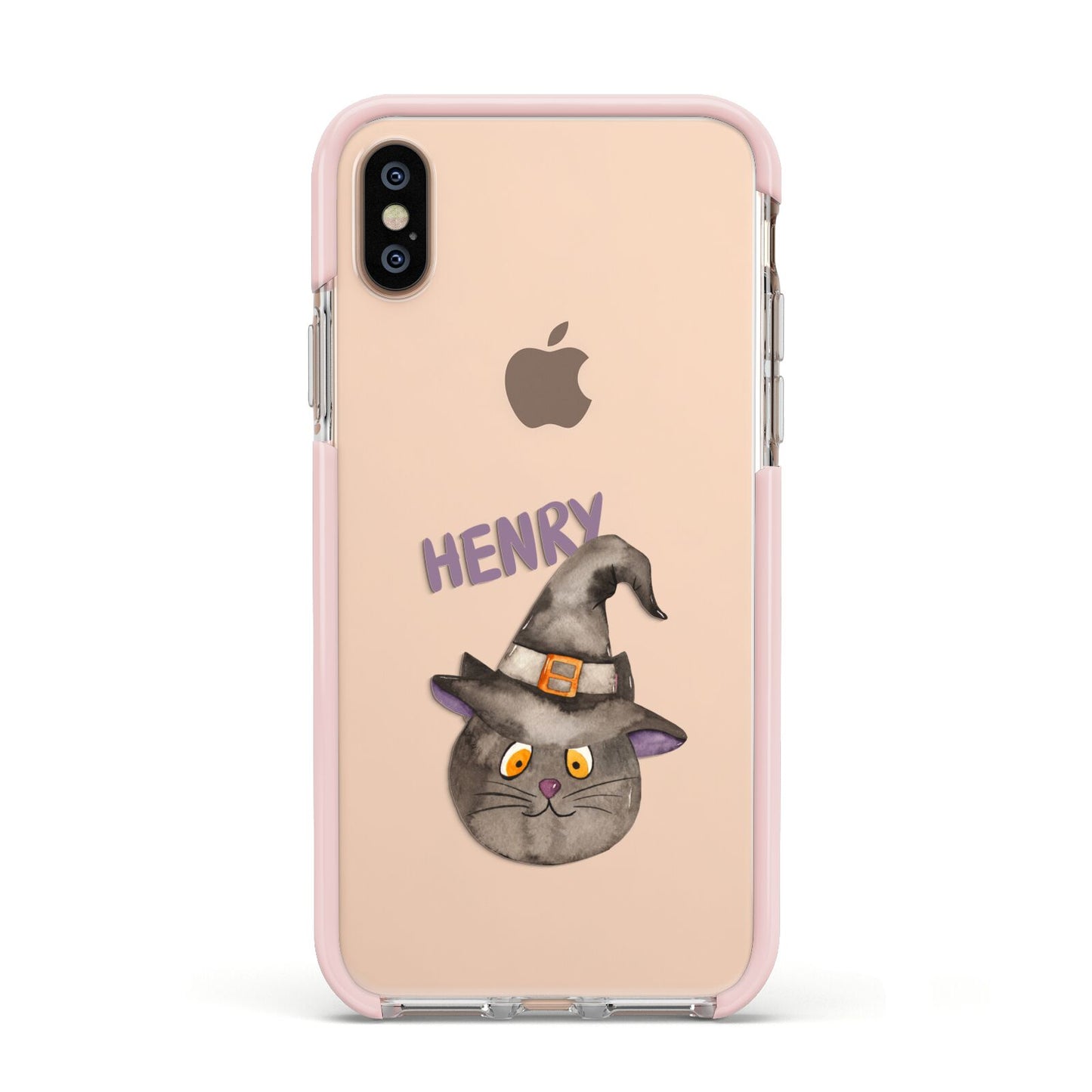 Cat in Witches Hat Custom Apple iPhone Xs Impact Case Pink Edge on Gold Phone