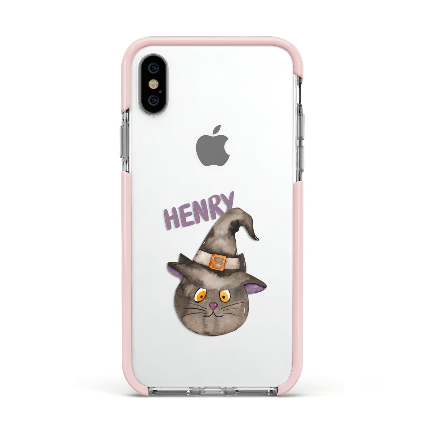 Cat in Witches Hat Custom Apple iPhone Xs Impact Case Pink Edge on Silver Phone