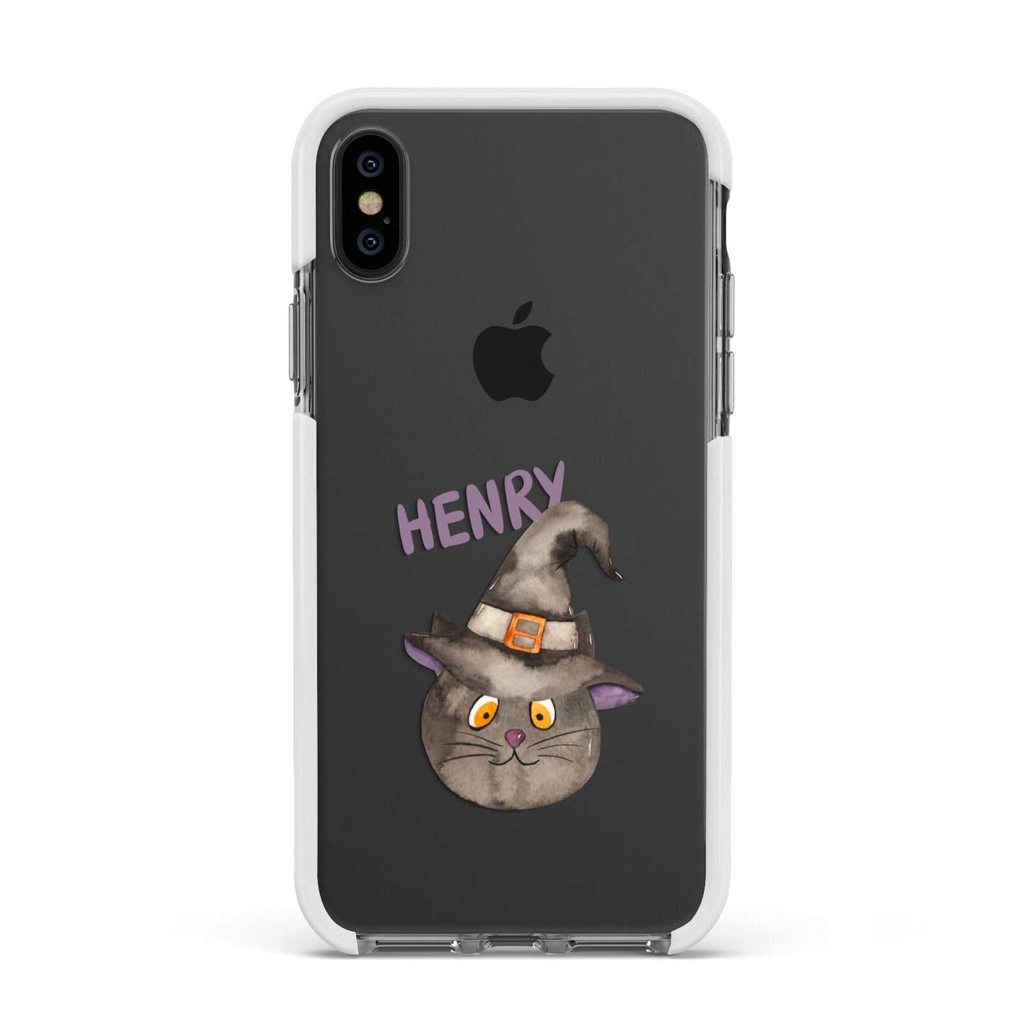 Cat in Witches Hat Custom Apple iPhone Xs Impact Case White Edge on Black Phone