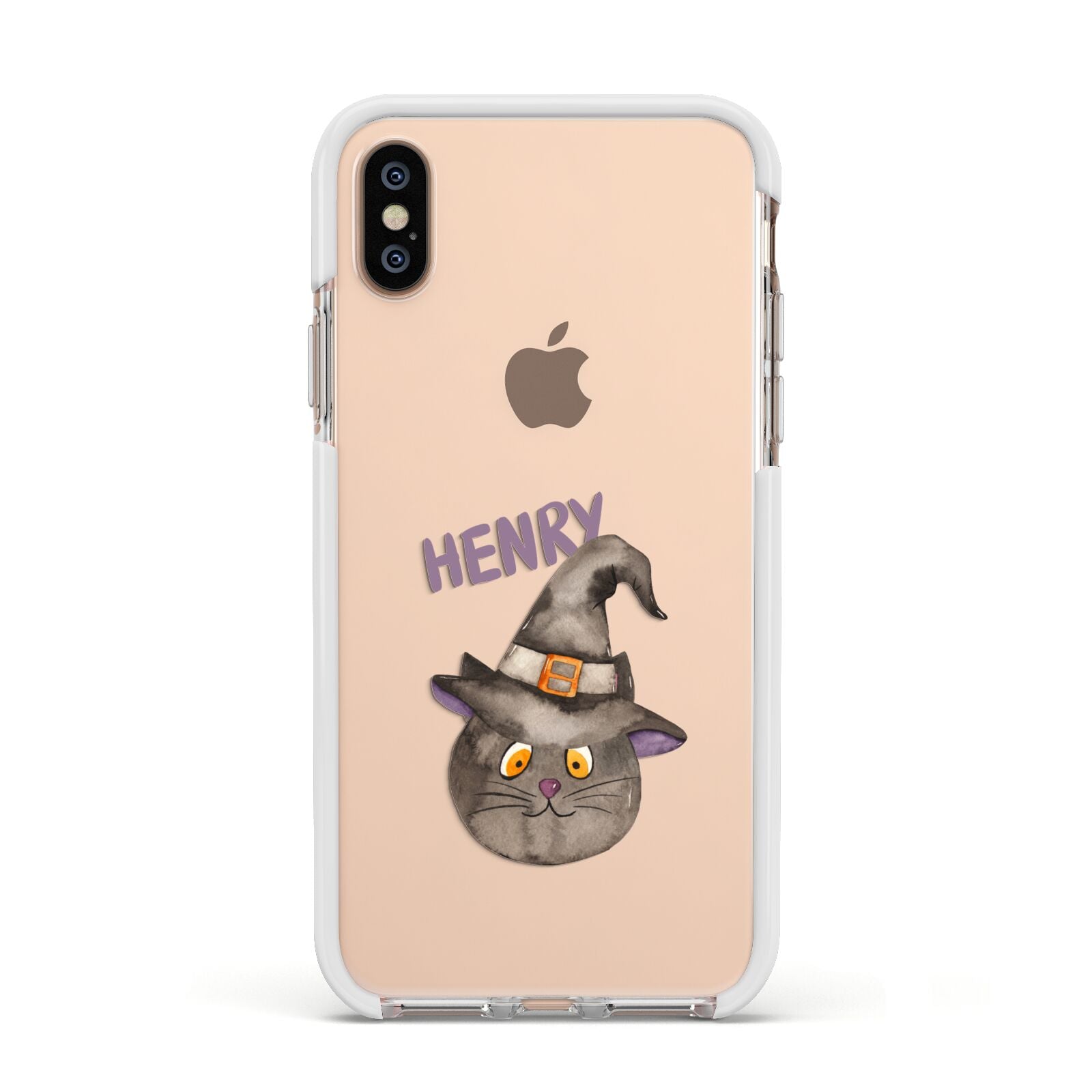 Cat in Witches Hat Custom Apple iPhone Xs Impact Case White Edge on Gold Phone