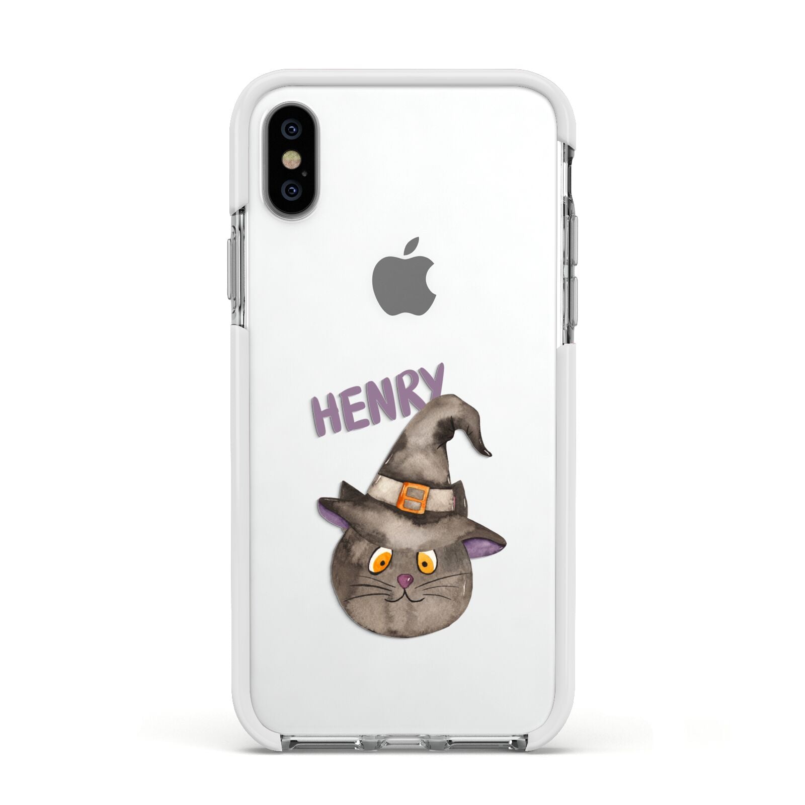 Cat in Witches Hat Custom Apple iPhone Xs Impact Case White Edge on Silver Phone