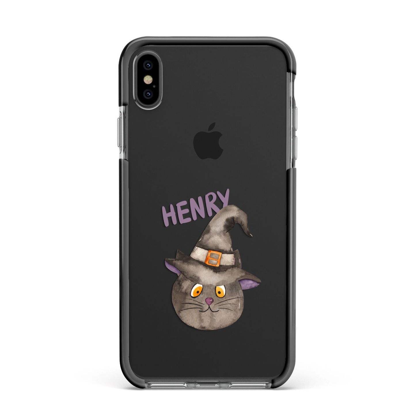 Cat in Witches Hat Custom Apple iPhone Xs Max Impact Case Black Edge on Black Phone