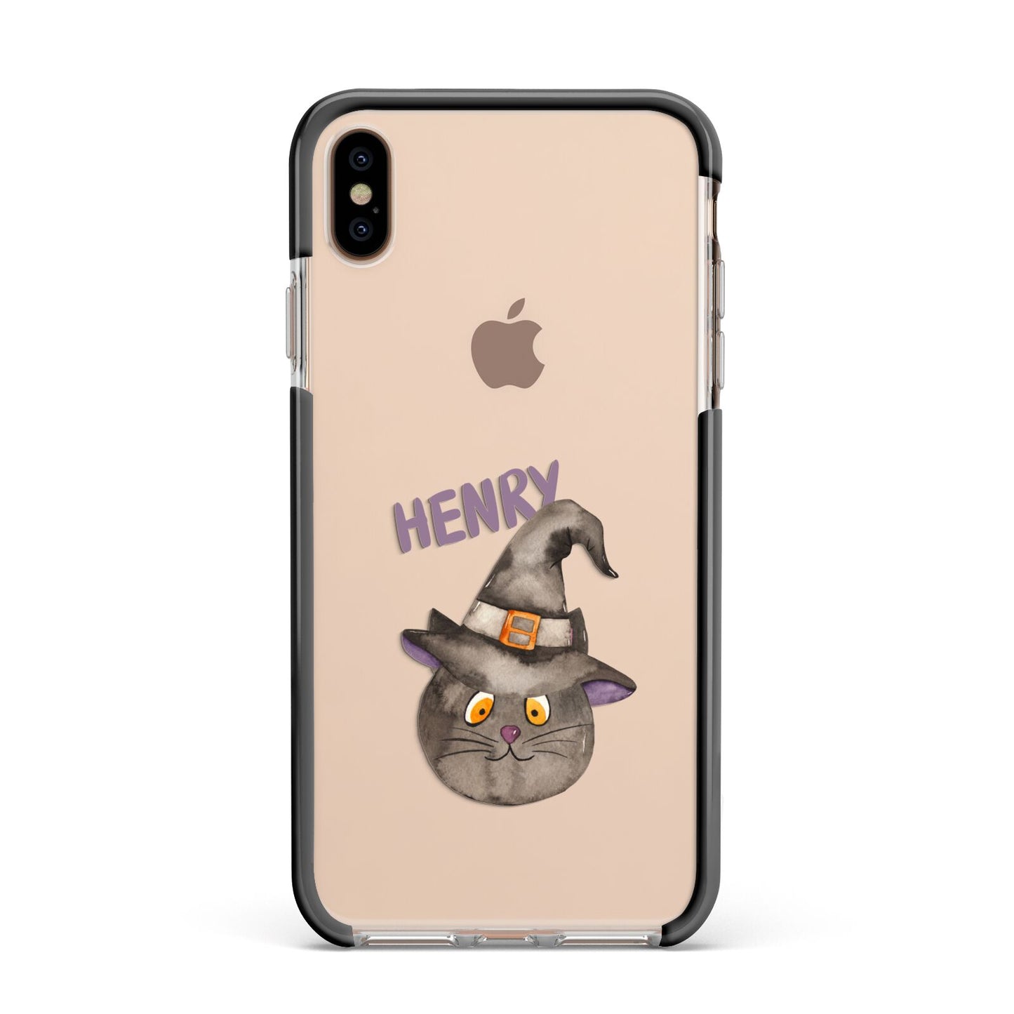 Cat in Witches Hat Custom Apple iPhone Xs Max Impact Case Black Edge on Gold Phone