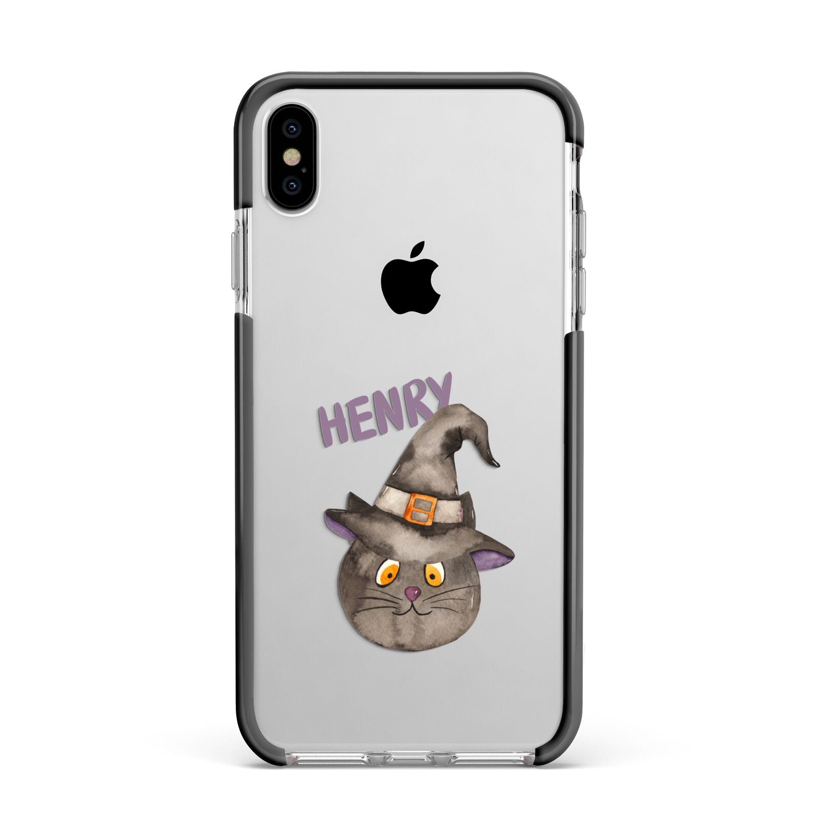 Cat in Witches Hat Custom Apple iPhone Xs Max Impact Case Black Edge on Silver Phone