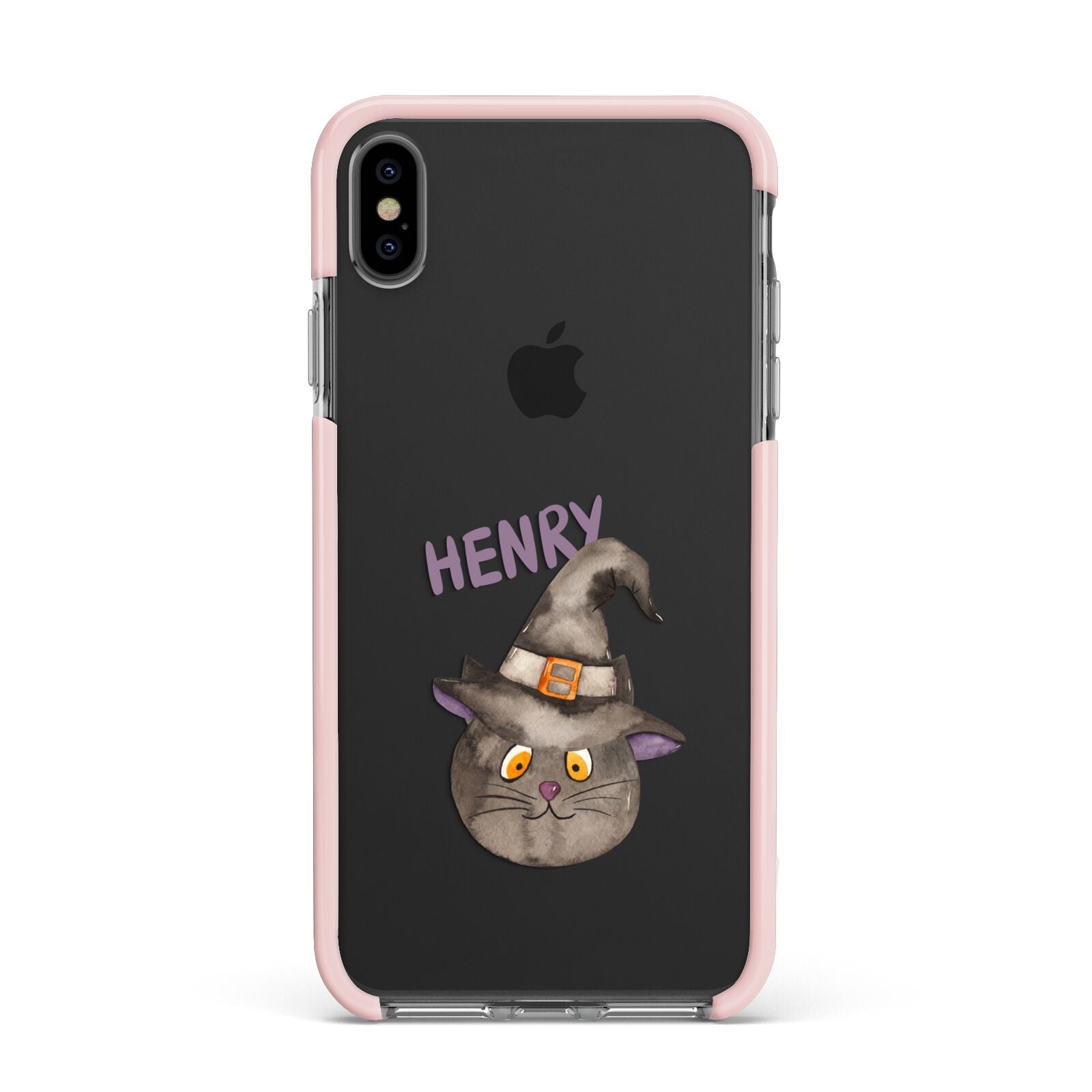 Cat in Witches Hat Custom Apple iPhone Xs Max Impact Case Pink Edge on Black Phone