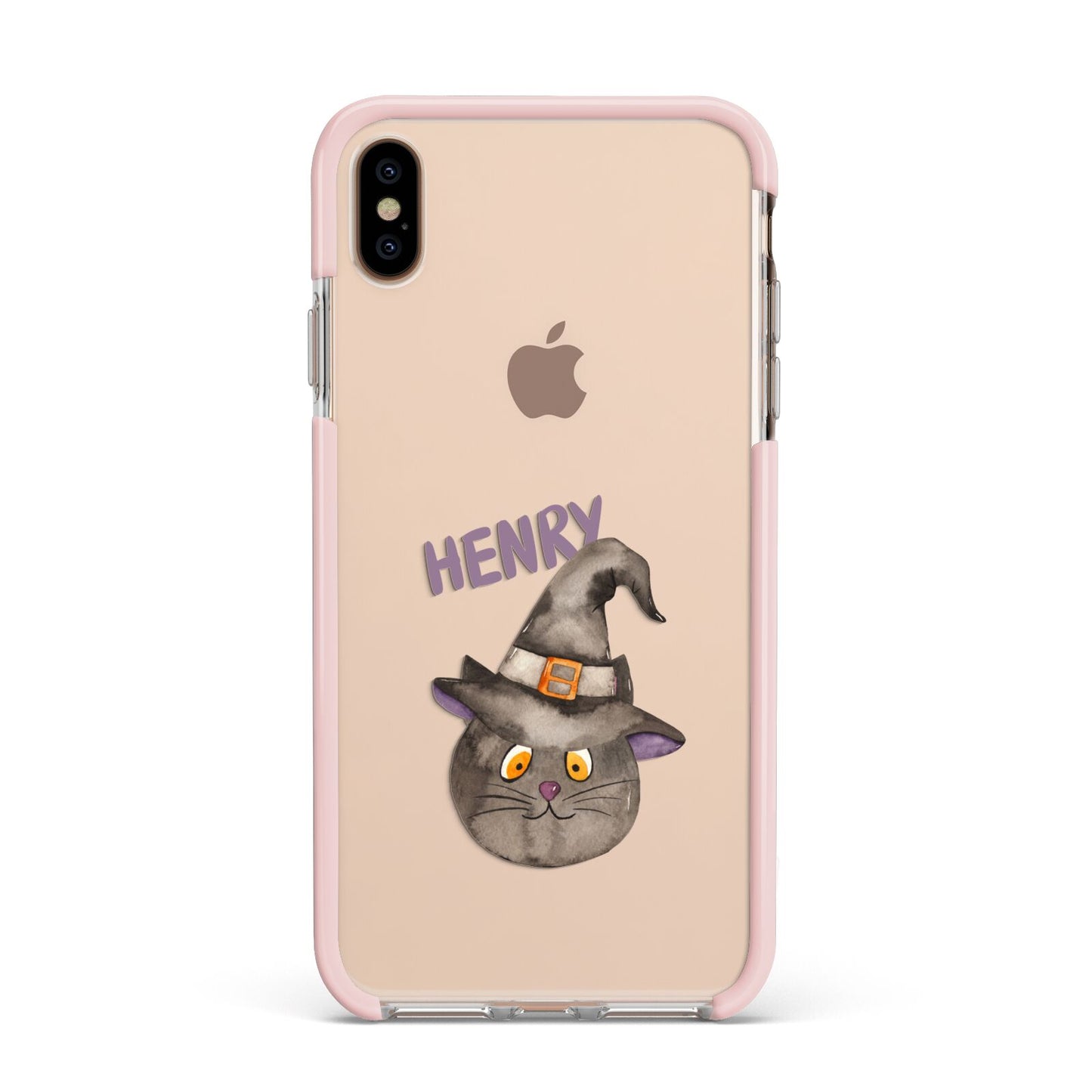 Cat in Witches Hat Custom Apple iPhone Xs Max Impact Case Pink Edge on Gold Phone