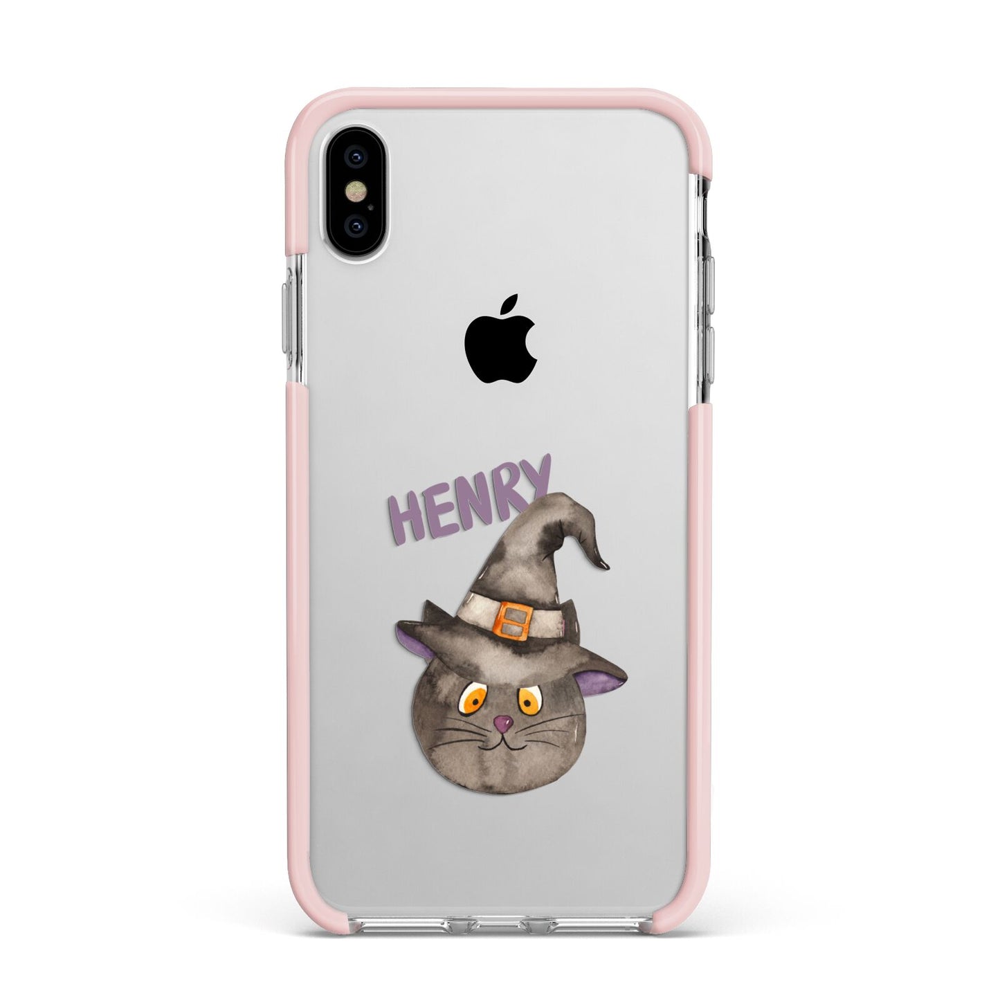 Cat in Witches Hat Custom Apple iPhone Xs Max Impact Case Pink Edge on Silver Phone