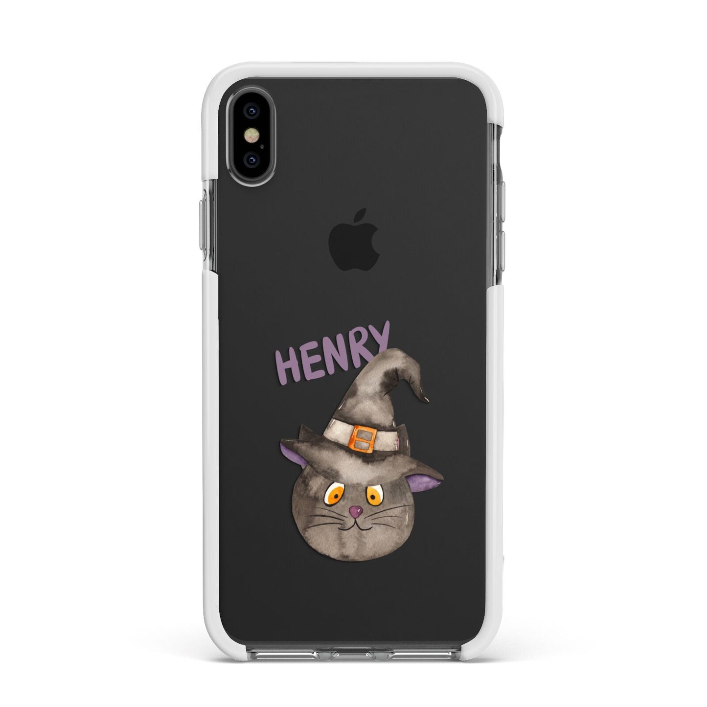 Cat in Witches Hat Custom Apple iPhone Xs Max Impact Case White Edge on Black Phone