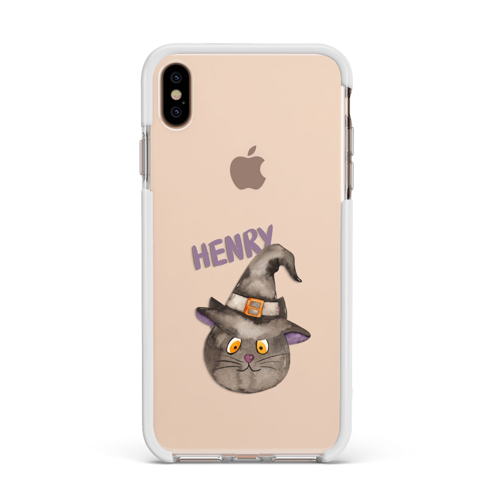 Cat in Witches Hat Custom Apple iPhone Xs Max Impact Case White Edge on Gold Phone