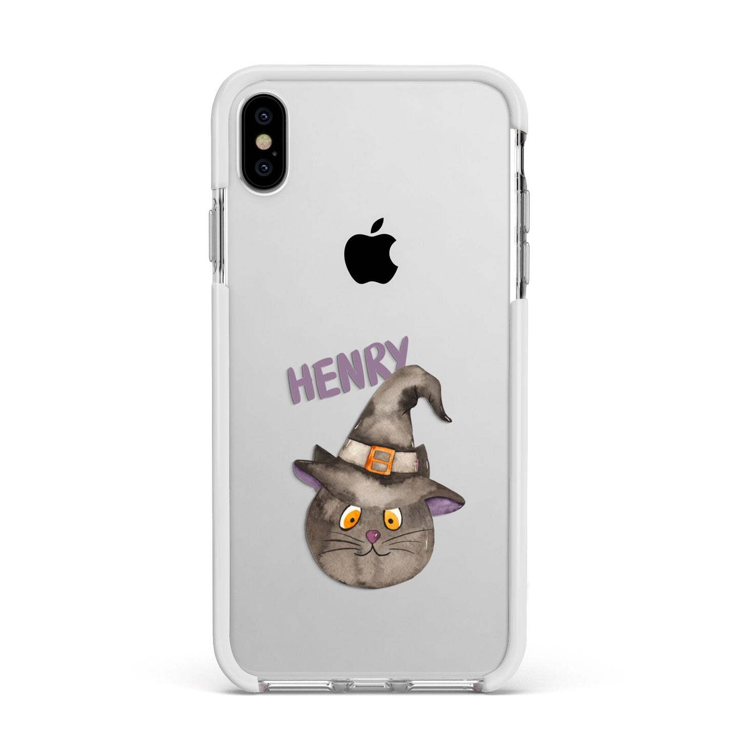 Cat in Witches Hat Custom Apple iPhone Xs Max Impact Case White Edge on Silver Phone