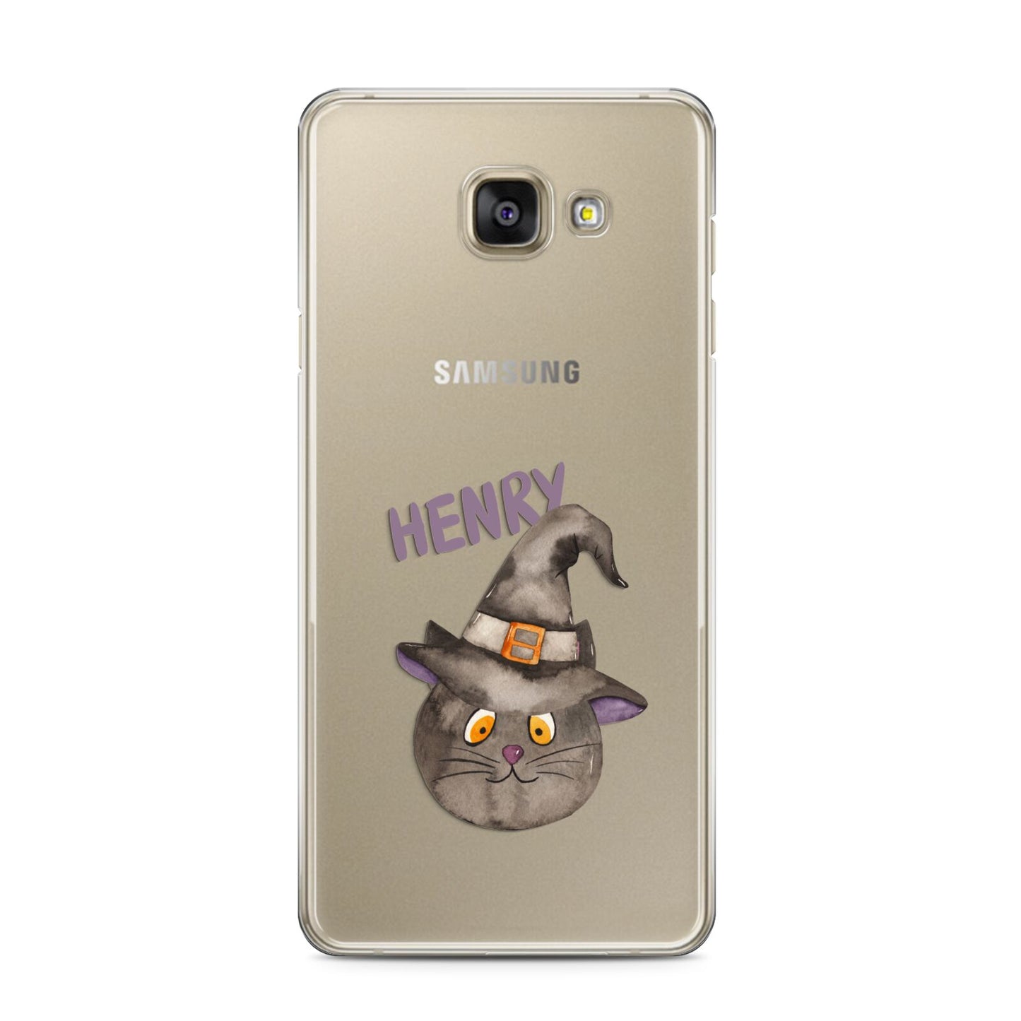 Cat in Witches Hat Custom Samsung Galaxy A3 2016 Case on gold phone