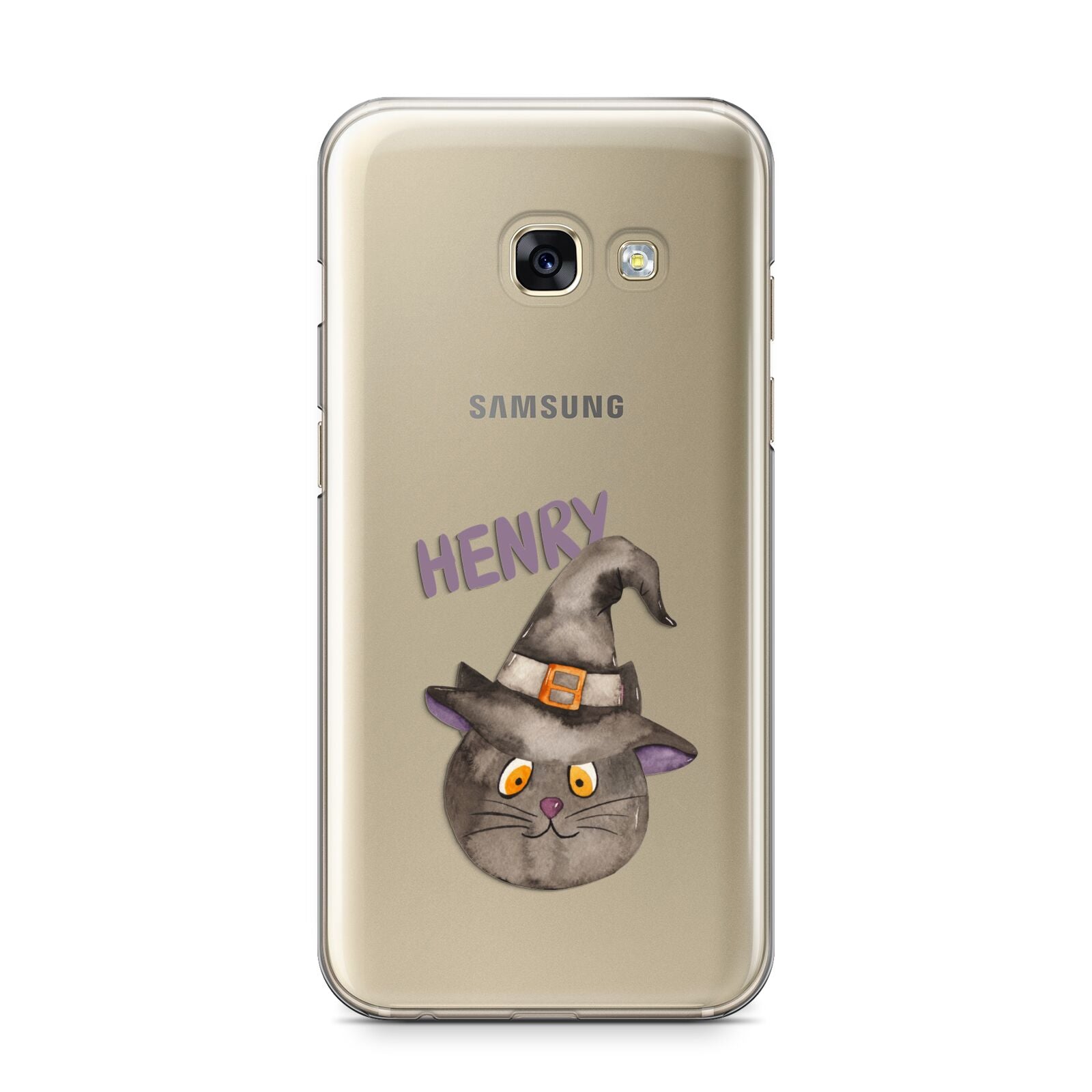 Cat in Witches Hat Custom Samsung Galaxy A3 2017 Case on gold phone