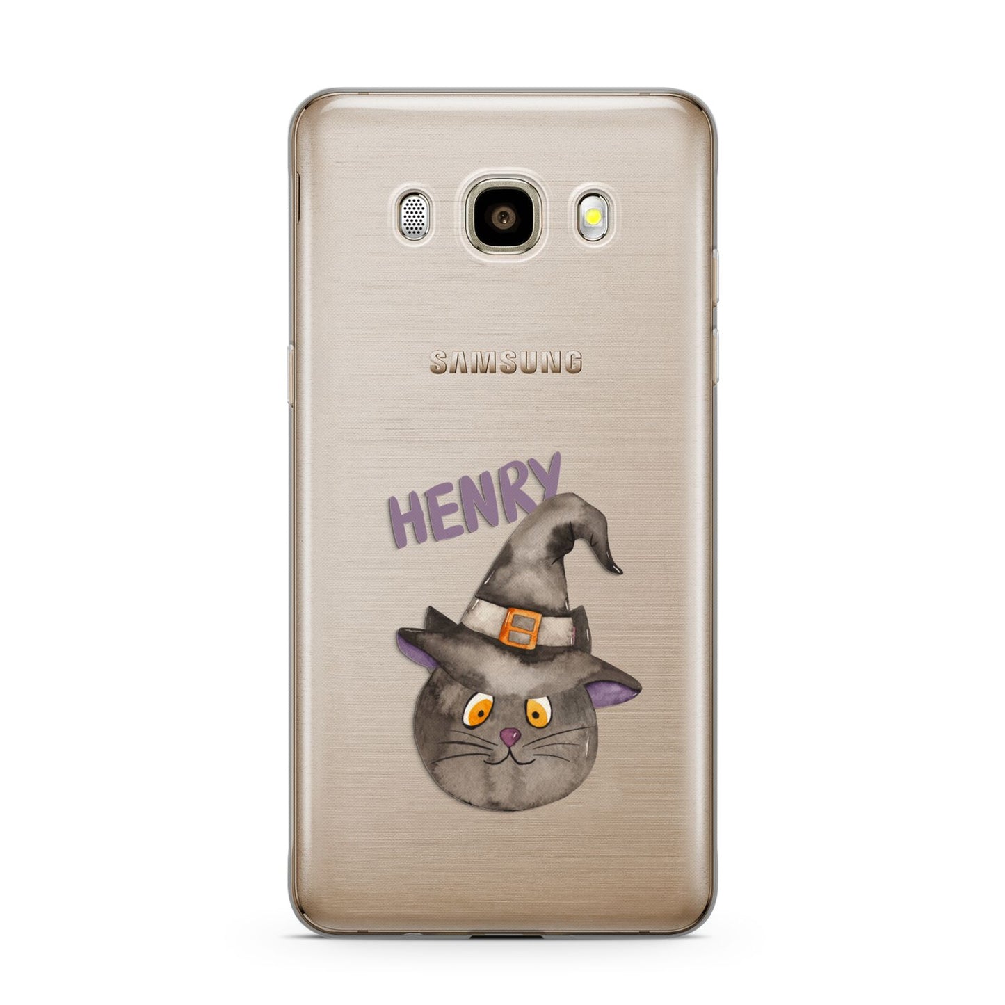 Cat in Witches Hat Custom Samsung Galaxy J7 2016 Case on gold phone