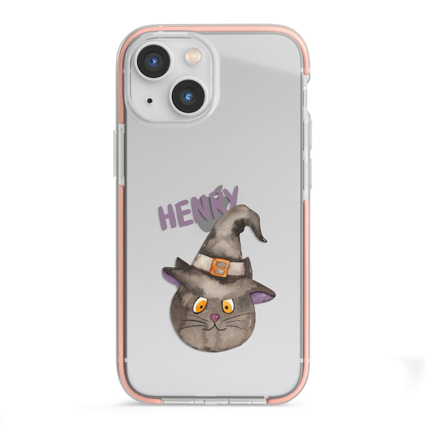 Cat in Witches Hat Custom iPhone 13 Mini TPU Impact Case with Pink Edges