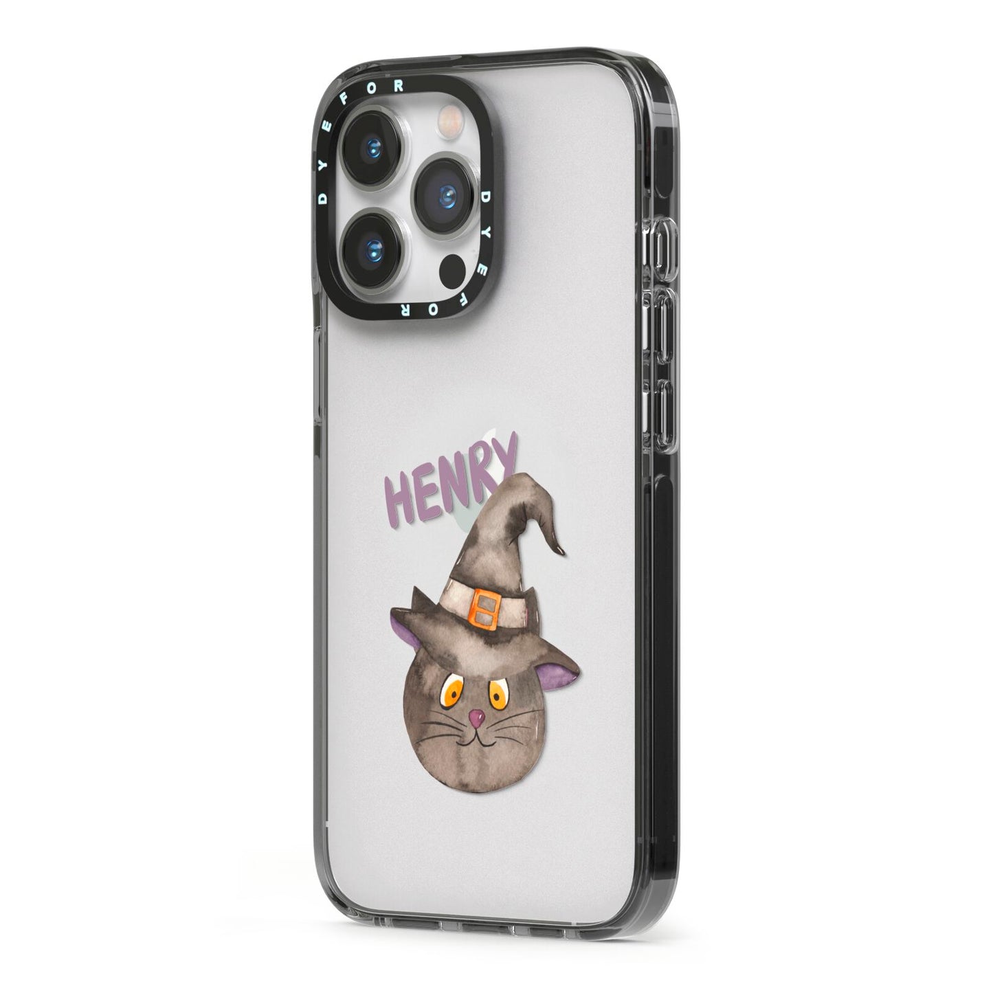 Cat in Witches Hat Custom iPhone 13 Pro Black Impact Case Side Angle on Silver phone