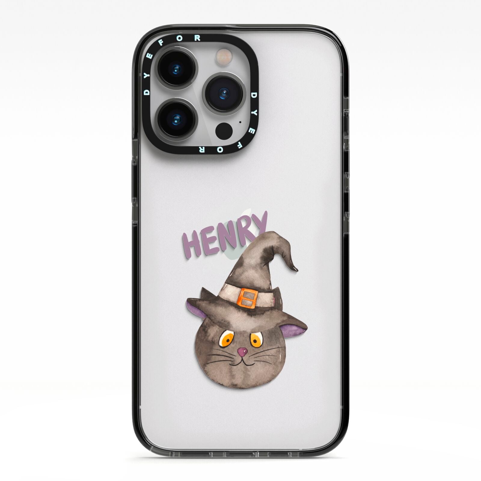 Cat in Witches Hat Custom iPhone 13 Pro Black Impact Case on Silver phone