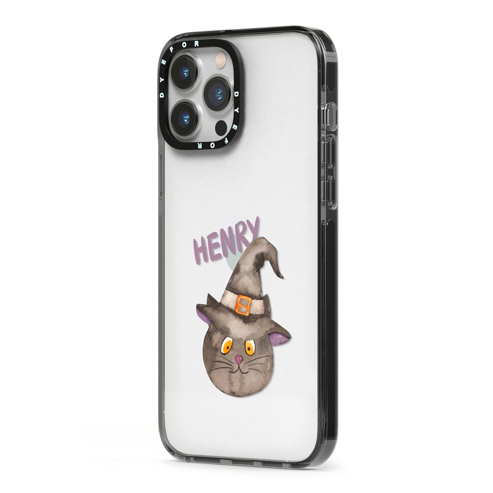 Cat in Witches Hat Custom iPhone 13 Pro Max Black Impact Case Side Angle on Silver phone