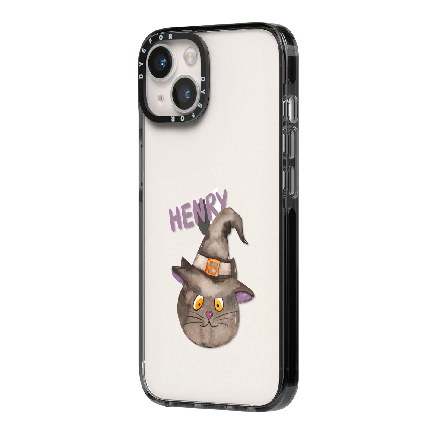 Cat in Witches Hat Custom iPhone 14 Black Impact Case Side Angle on Silver phone