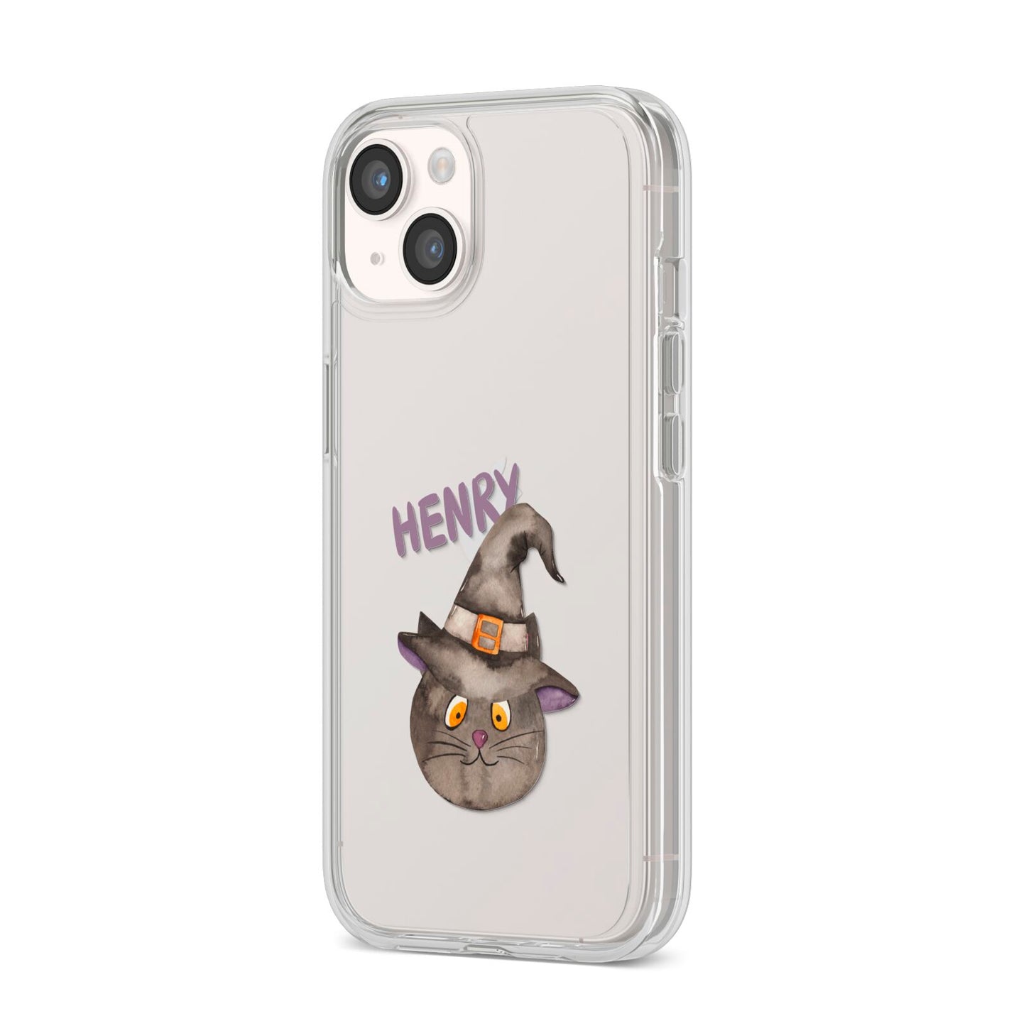 Cat in Witches Hat Custom iPhone 14 Clear Tough Case Starlight Angled Image