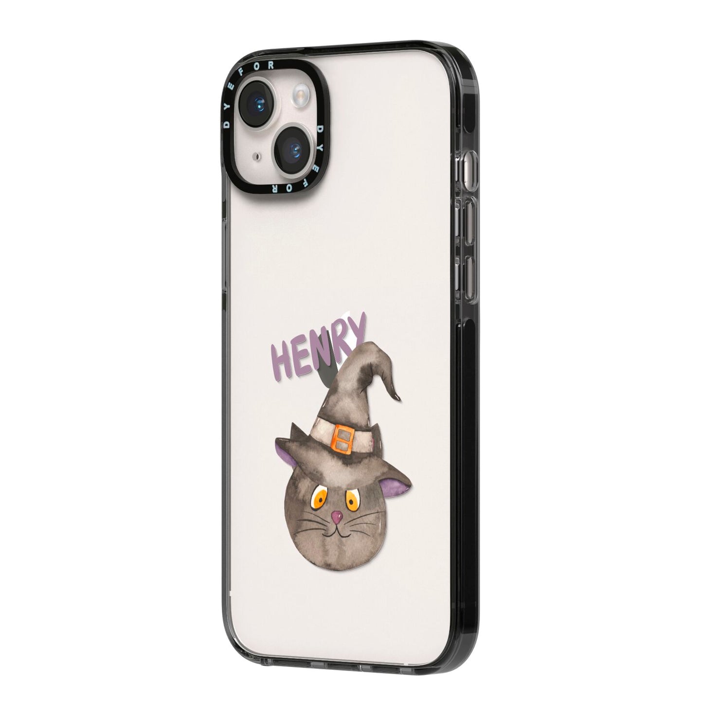 Cat in Witches Hat Custom iPhone 14 Plus Black Impact Case Side Angle on Silver phone