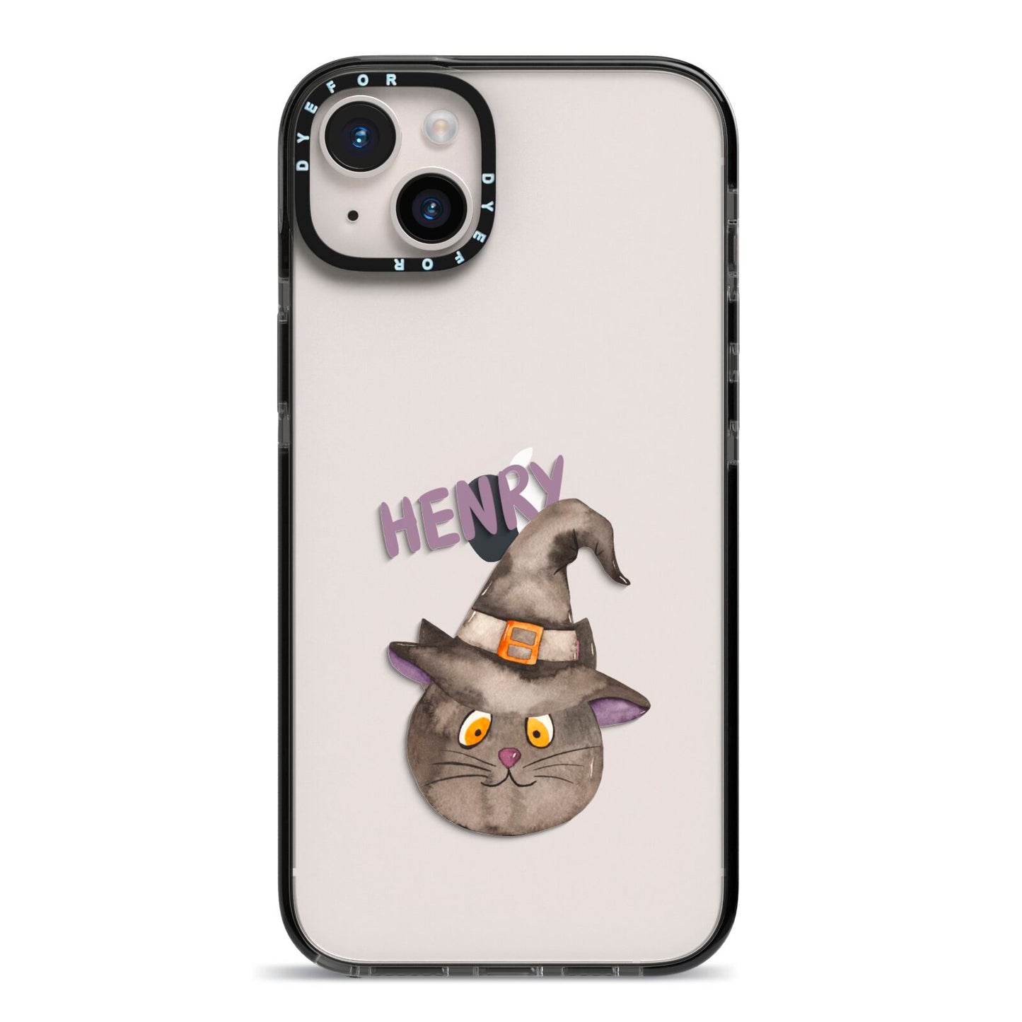 Cat in Witches Hat Custom iPhone 14 Plus Black Impact Case on Silver phone