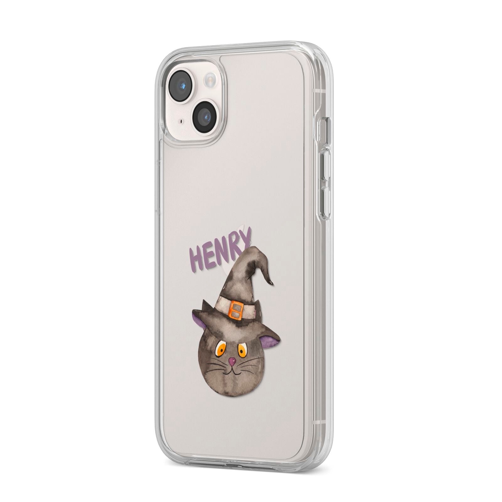 Cat in Witches Hat Custom iPhone 14 Plus Clear Tough Case Starlight Angled Image