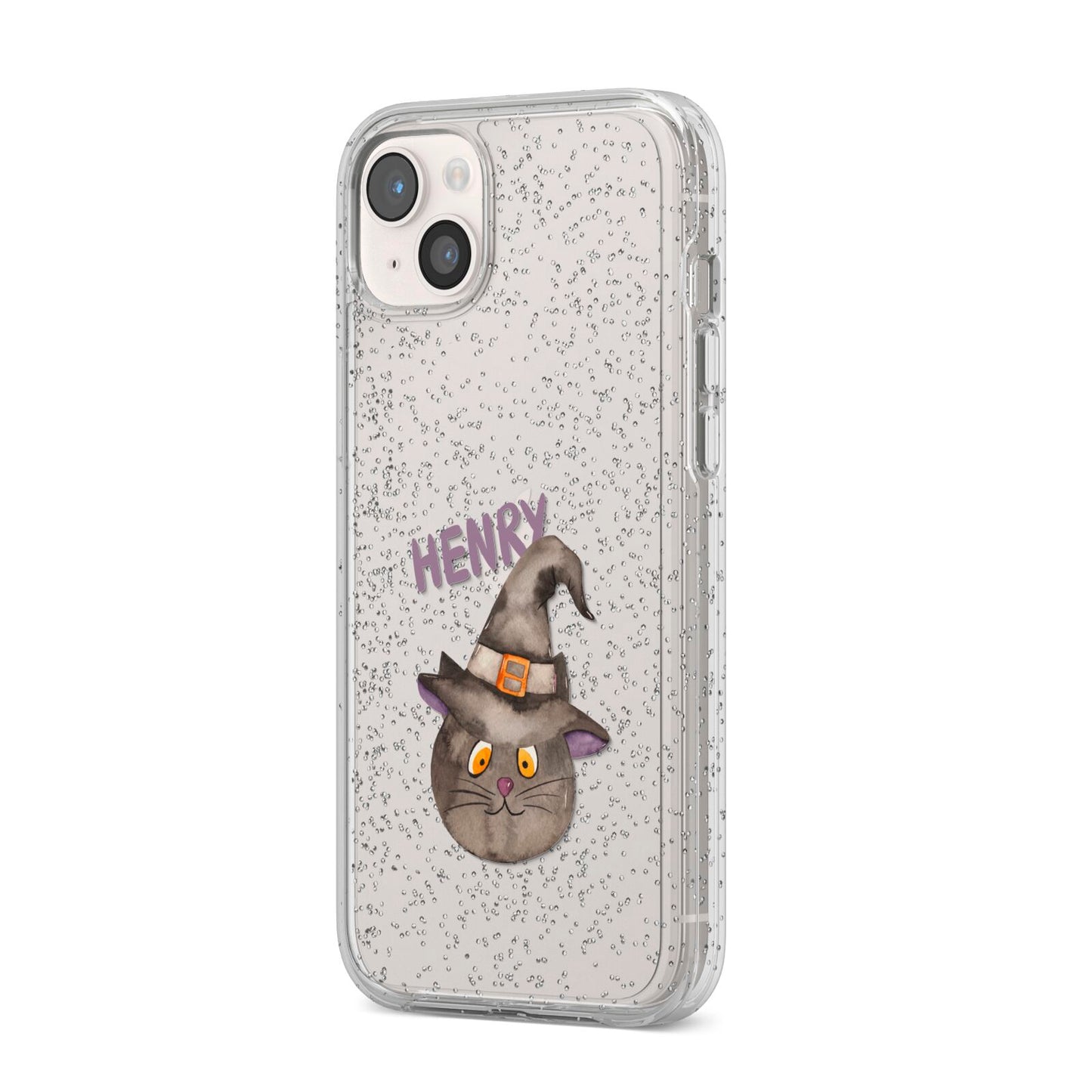 Cat in Witches Hat Custom iPhone 14 Plus Glitter Tough Case Starlight Angled Image