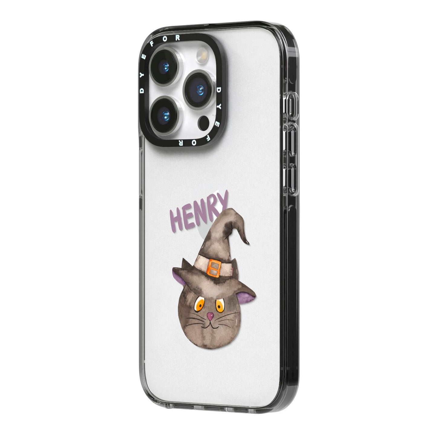 Cat in Witches Hat Custom iPhone 14 Pro Black Impact Case Side Angle on Silver phone