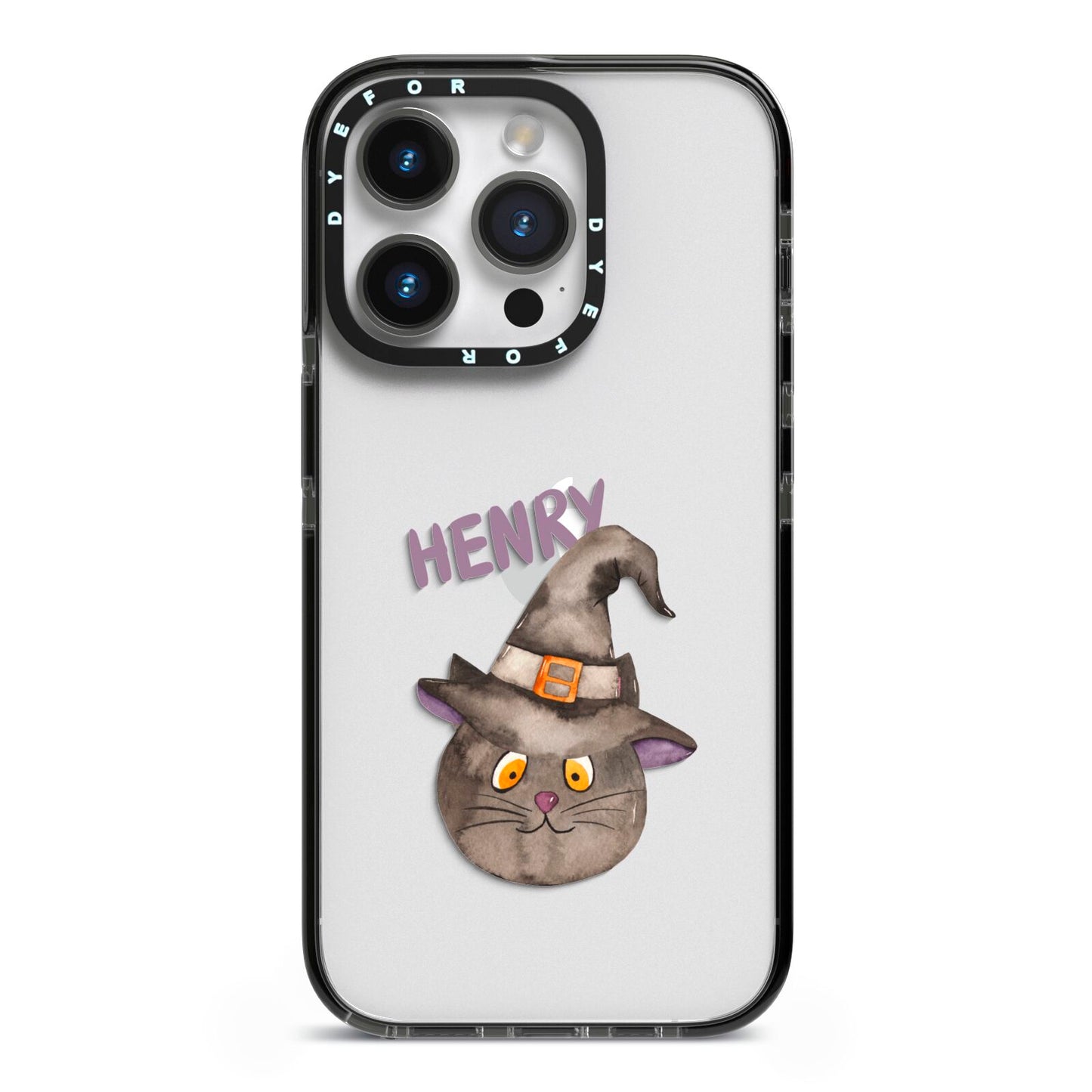 Cat in Witches Hat Custom iPhone 14 Pro Black Impact Case on Silver phone