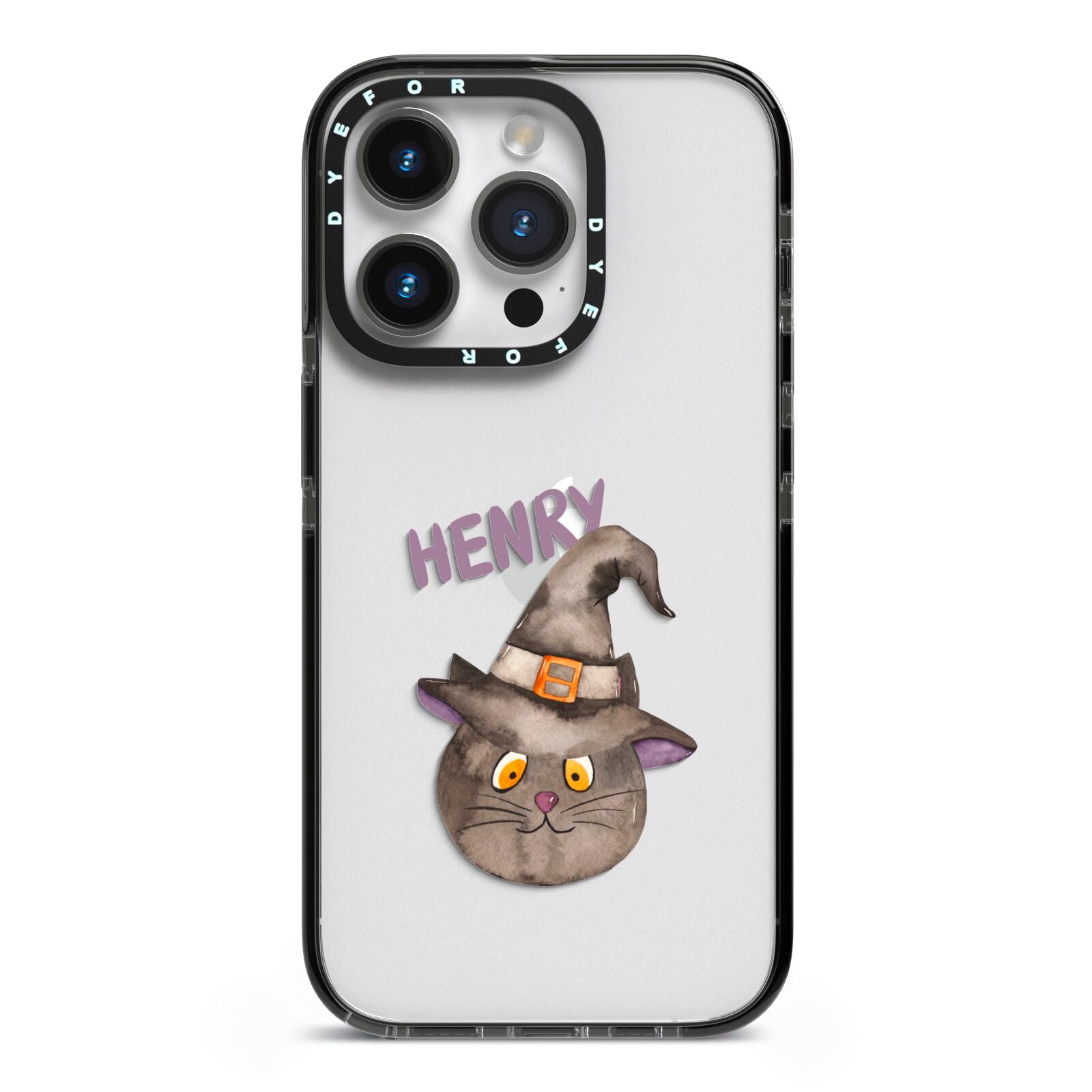 Cat in Witches Hat Custom iPhone 14 Pro Black Impact Case on Silver phone