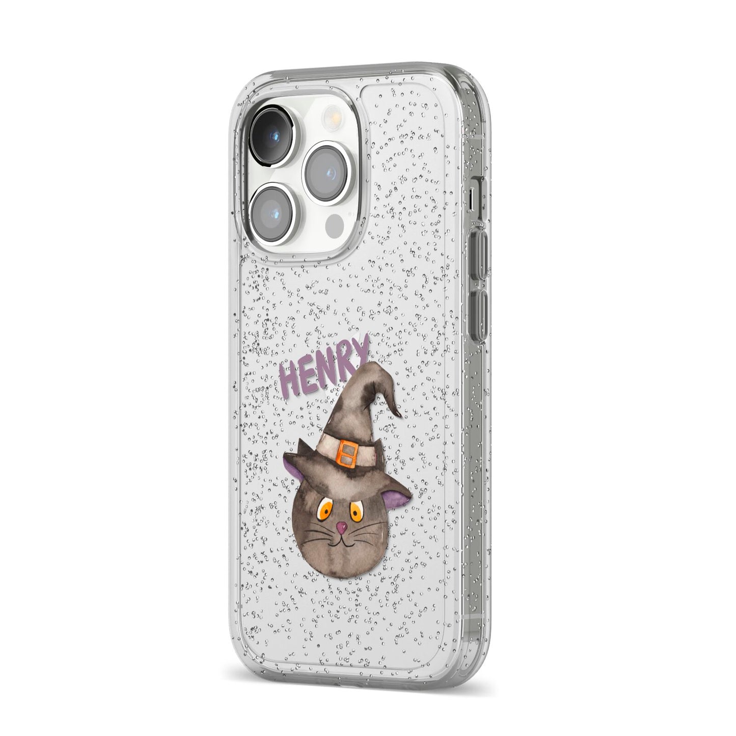 Cat in Witches Hat Custom iPhone 14 Pro Glitter Tough Case Silver Angled Image