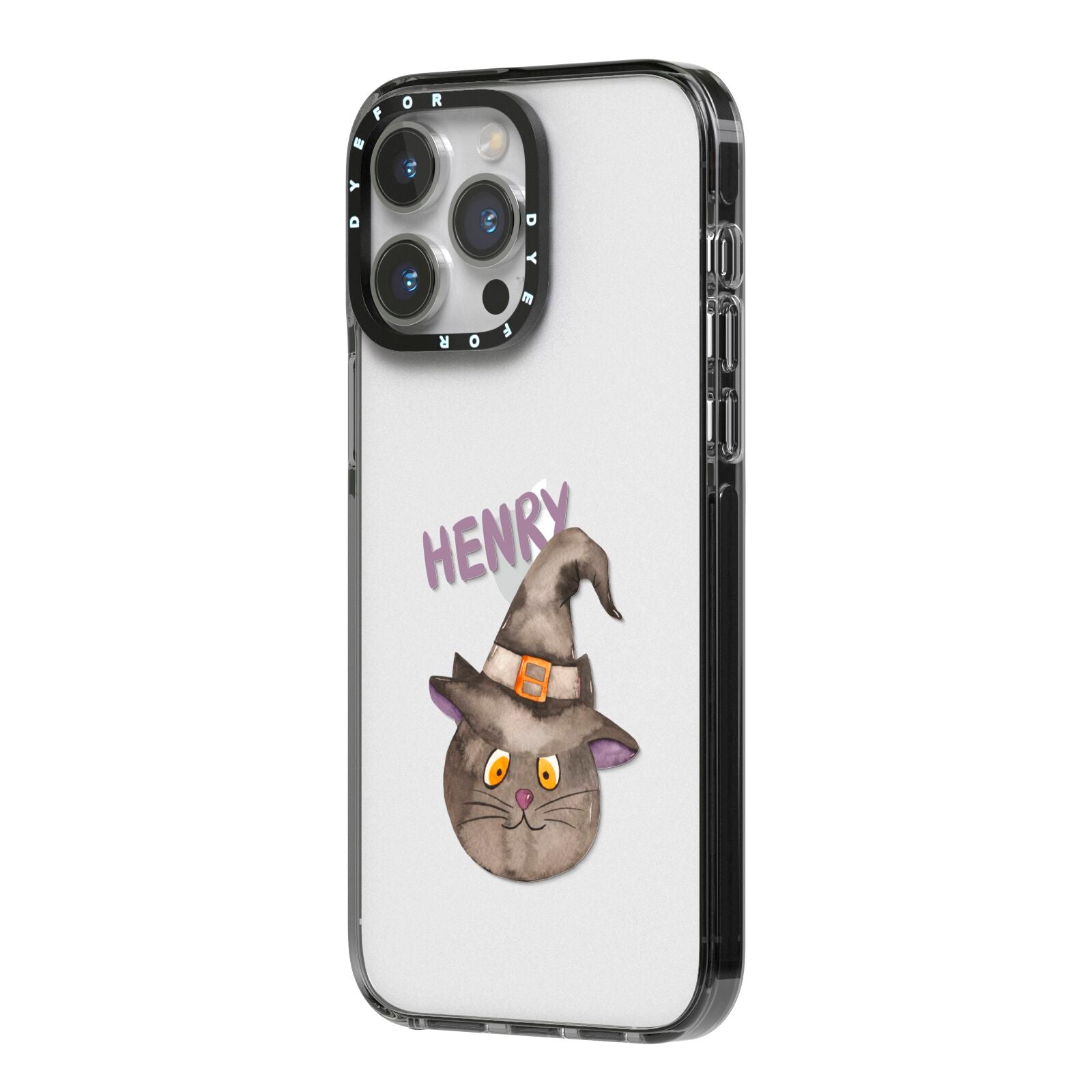 Cat in Witches Hat Custom iPhone 14 Pro Max Black Impact Case Side Angle on Silver phone