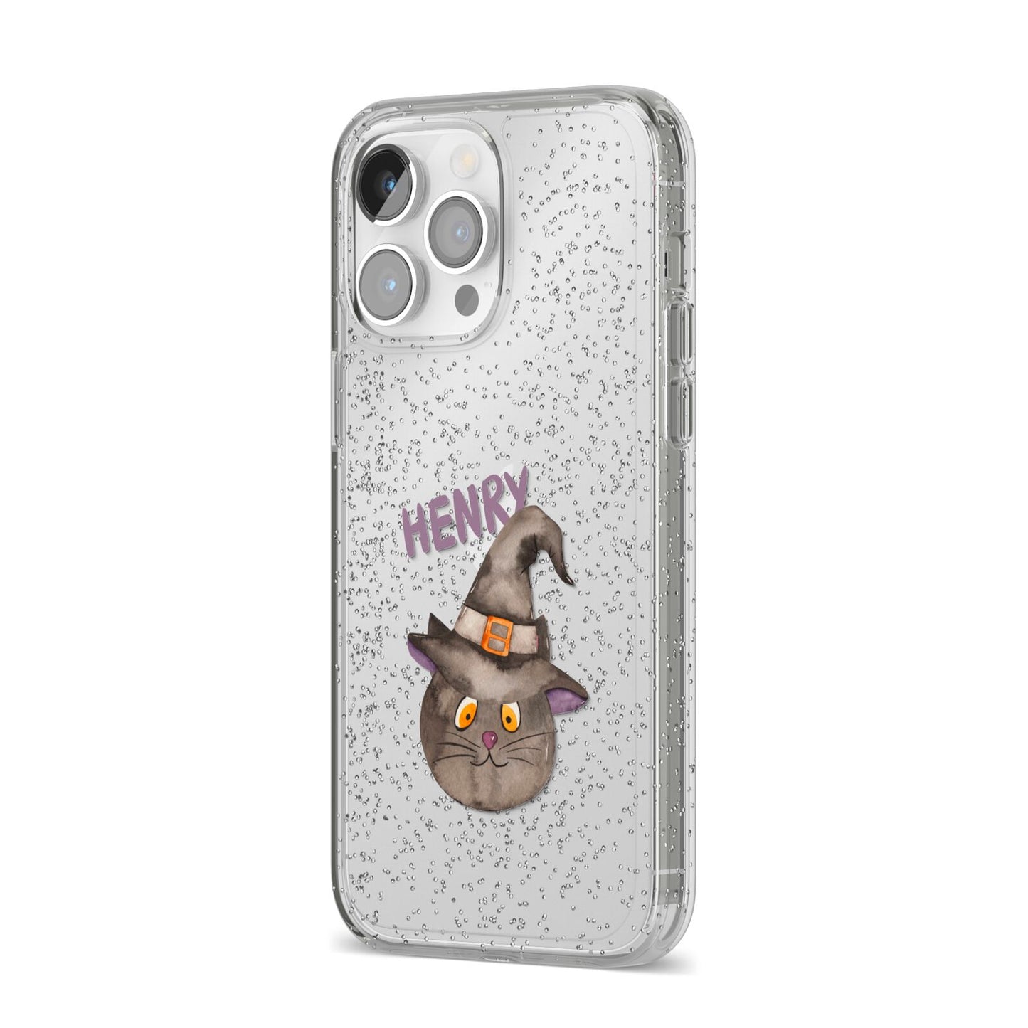 Cat in Witches Hat Custom iPhone 14 Pro Max Glitter Tough Case Silver Angled Image