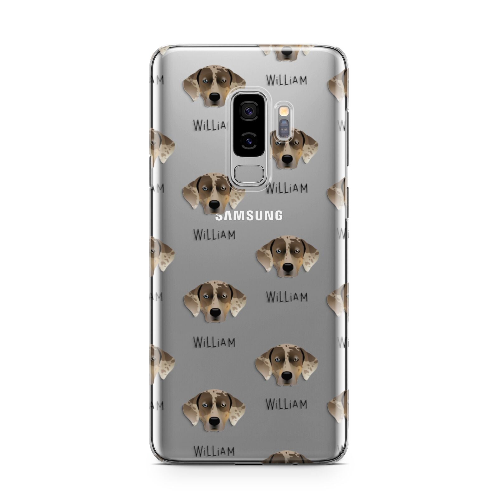 Catahoula Leopard Dog Icon with Name Samsung Galaxy S9 Plus Case on Silver phone