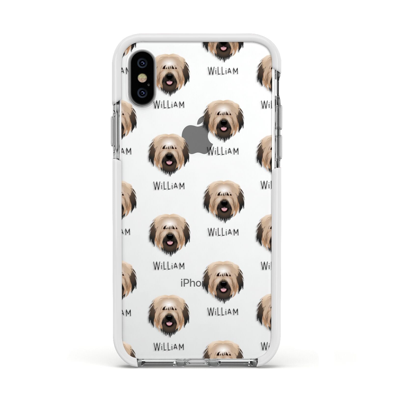 Catalan Sheepdog Icon with Name Apple iPhone Xs Impact Case White Edge on Silver Phone