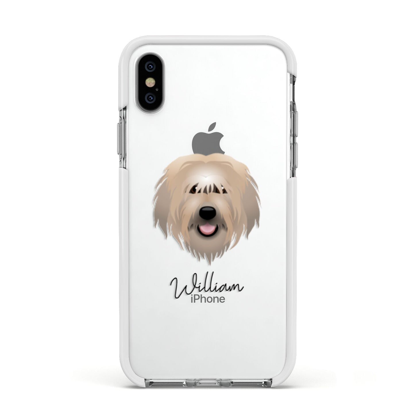 Catalan Sheepdog Personalised Apple iPhone Xs Impact Case White Edge on Silver Phone