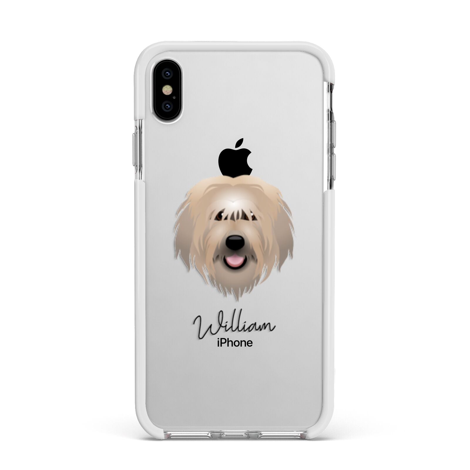 Catalan Sheepdog Personalised Apple iPhone Xs Max Impact Case White Edge on Silver Phone