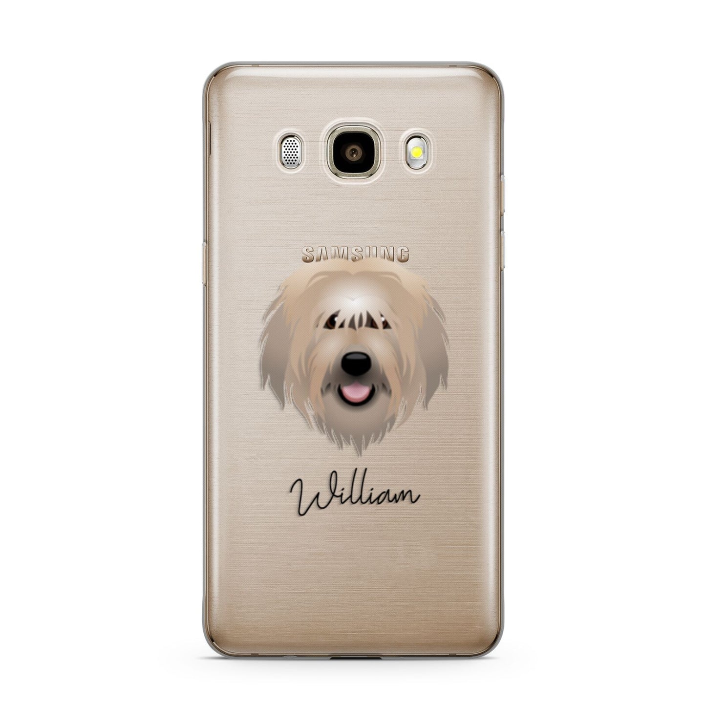 Catalan Sheepdog Personalised Samsung Galaxy J7 2016 Case on gold phone