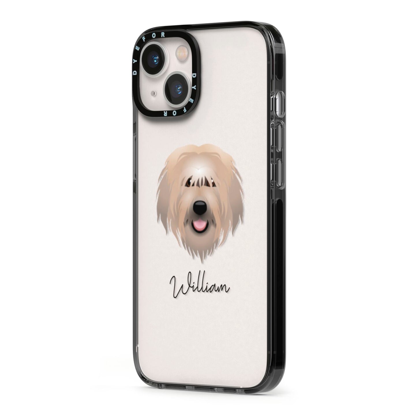 Catalan Sheepdog Personalised iPhone 13 Black Impact Case Side Angle on Silver phone