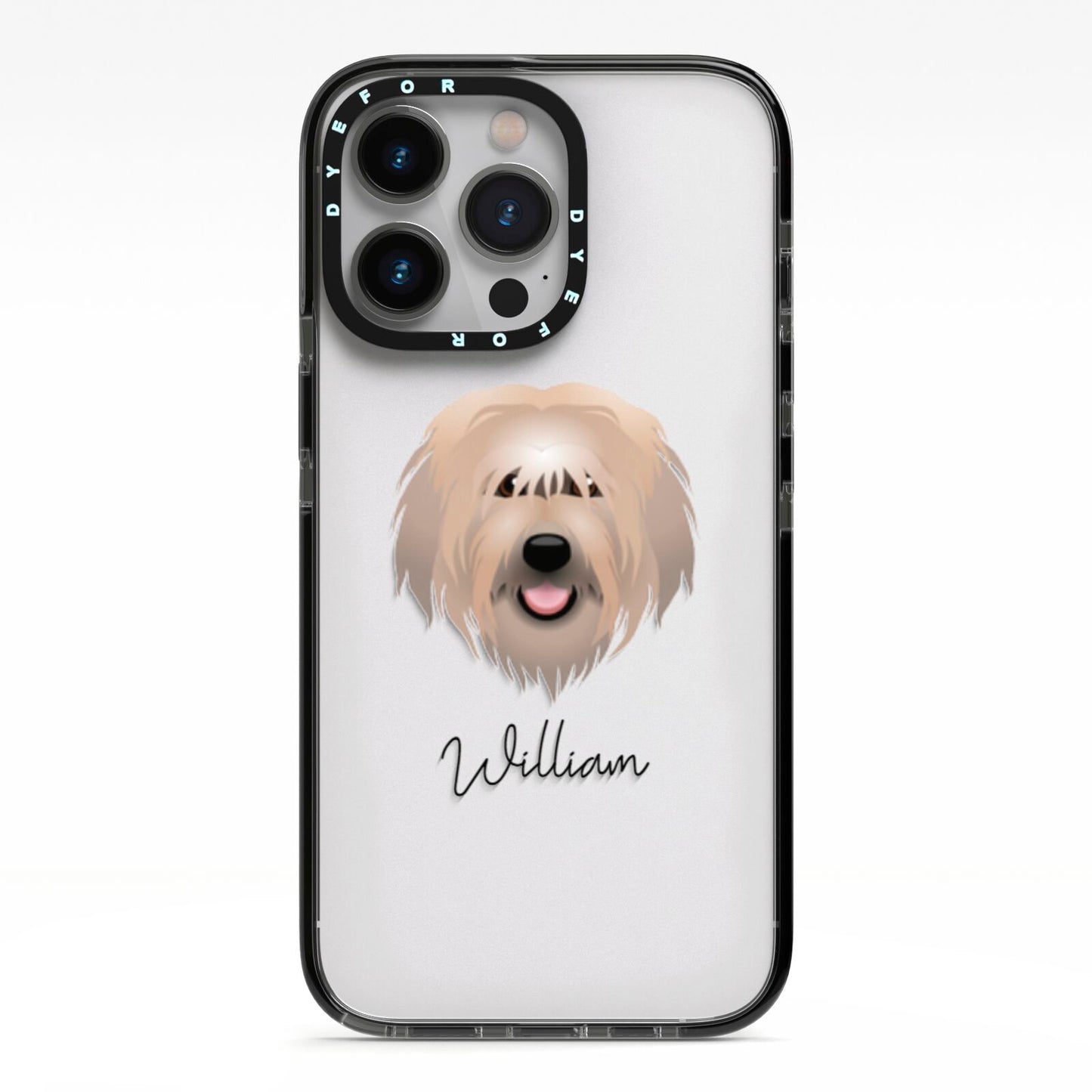 Catalan Sheepdog Personalised iPhone 13 Pro Black Impact Case on Silver phone