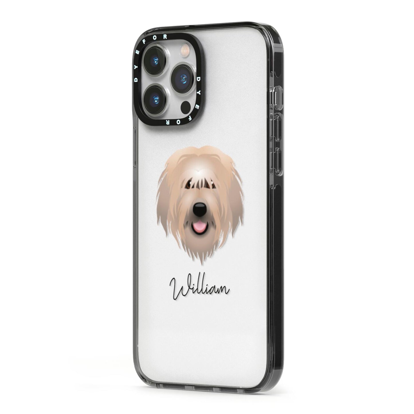 Catalan Sheepdog Personalised iPhone 13 Pro Max Black Impact Case Side Angle on Silver phone