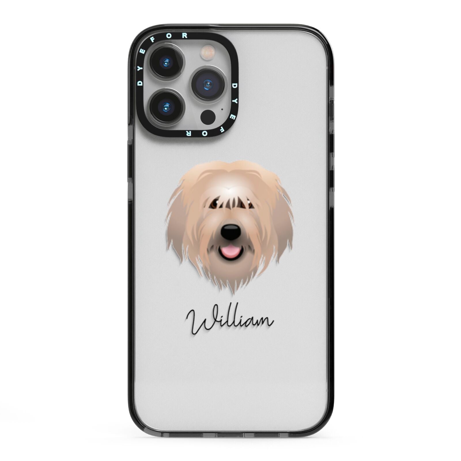 Catalan Sheepdog Personalised iPhone 13 Pro Max Black Impact Case on Silver phone