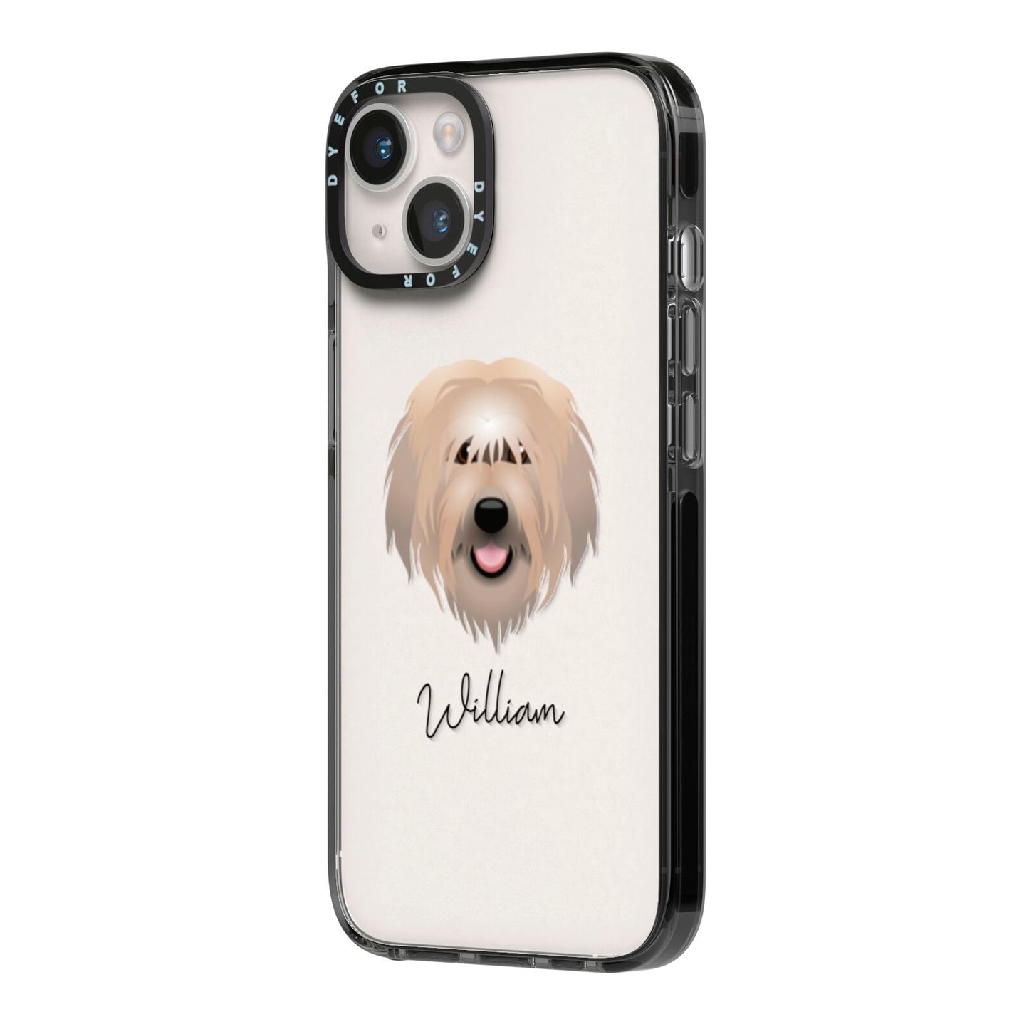 Catalan Sheepdog Personalised iPhone 14 Black Impact Case Side Angle on Silver phone