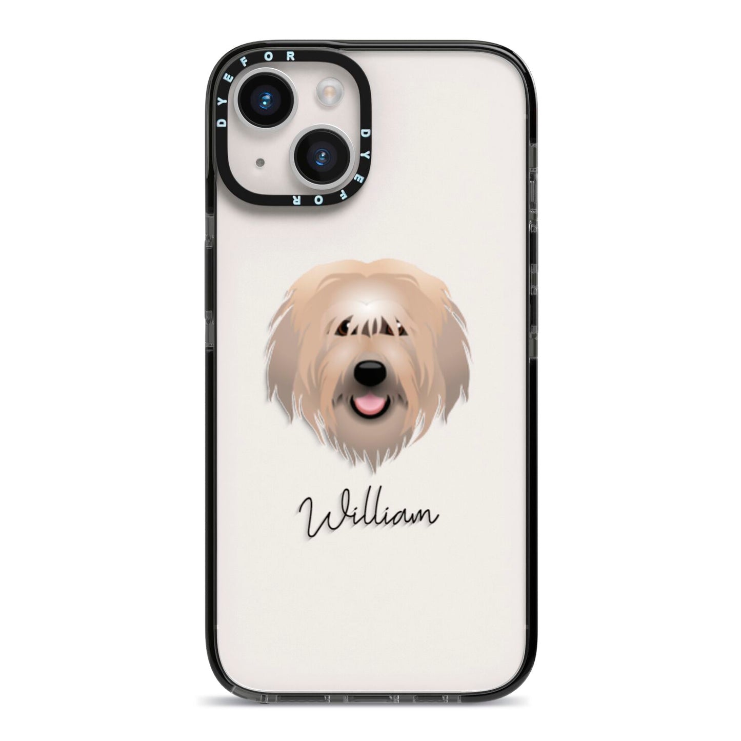 Catalan Sheepdog Personalised iPhone 14 Black Impact Case on Silver phone