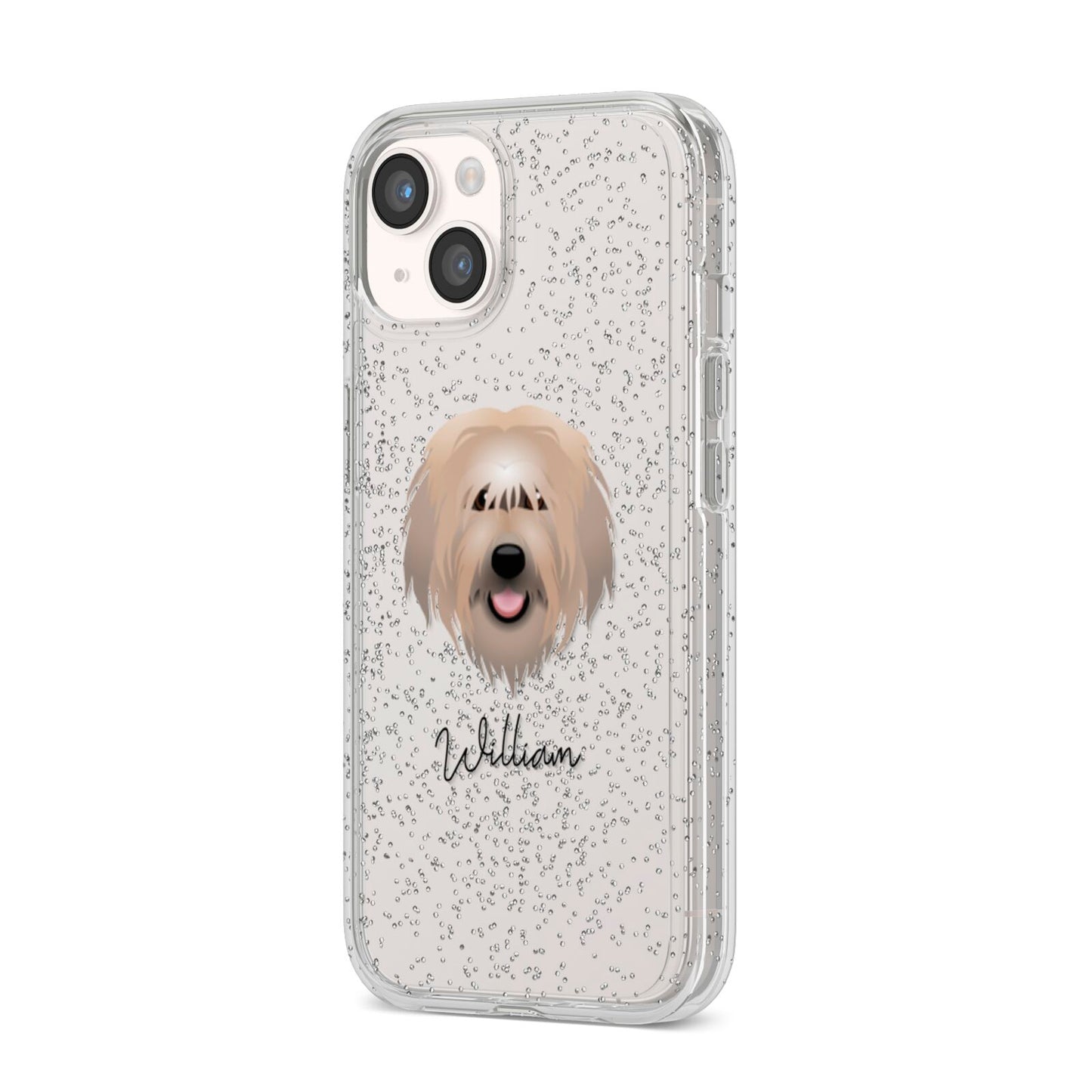 Catalan Sheepdog Personalised iPhone 14 Glitter Tough Case Starlight Angled Image